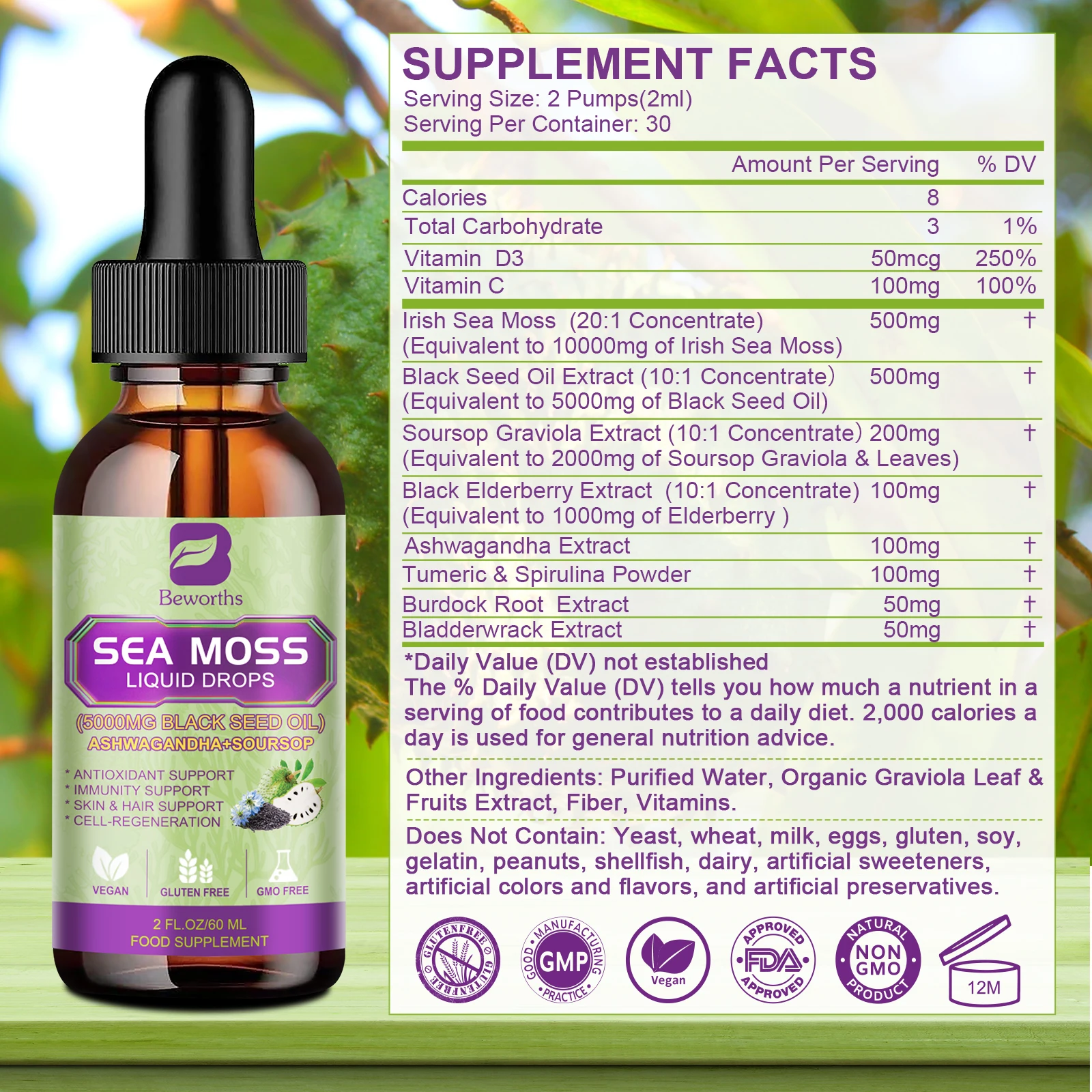BEWORTHS 60ML Sea Moss Extract Drop Support Immunity and Kidney Health, Promote Digestion and Antioxidation