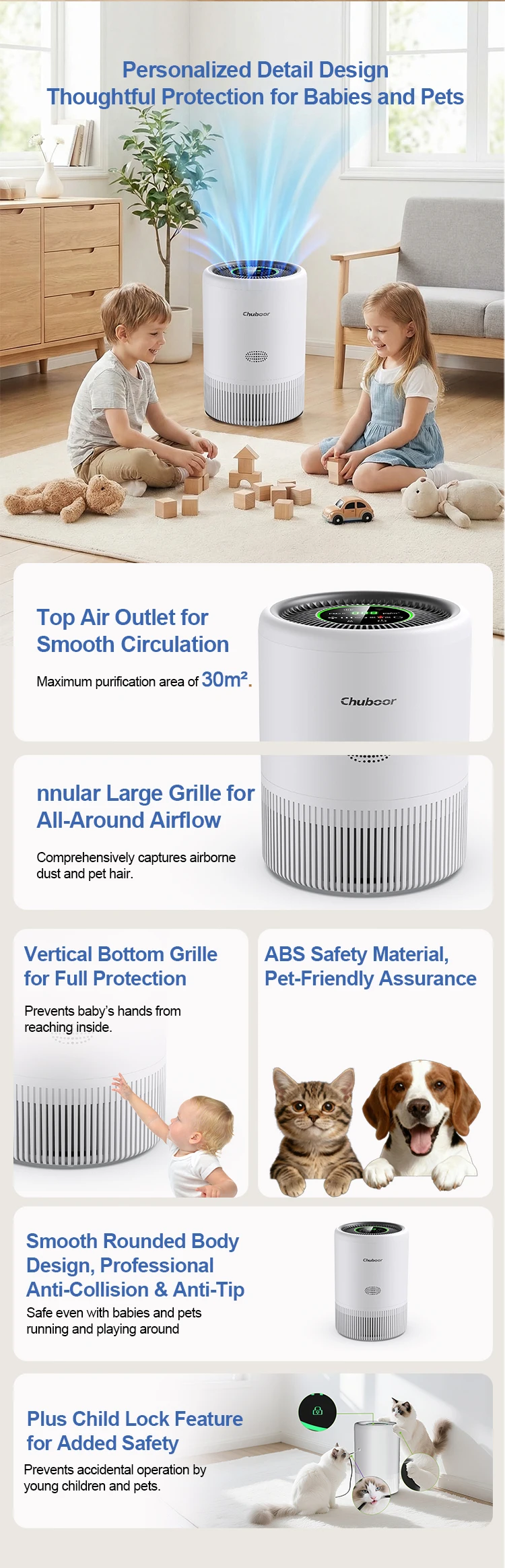 Chuboor Air Purifier Quiet Air Cleaner with High-Efficiency Filtration,H13 HEPA Removes Smoke, Dust, Pollen, Pet Hair