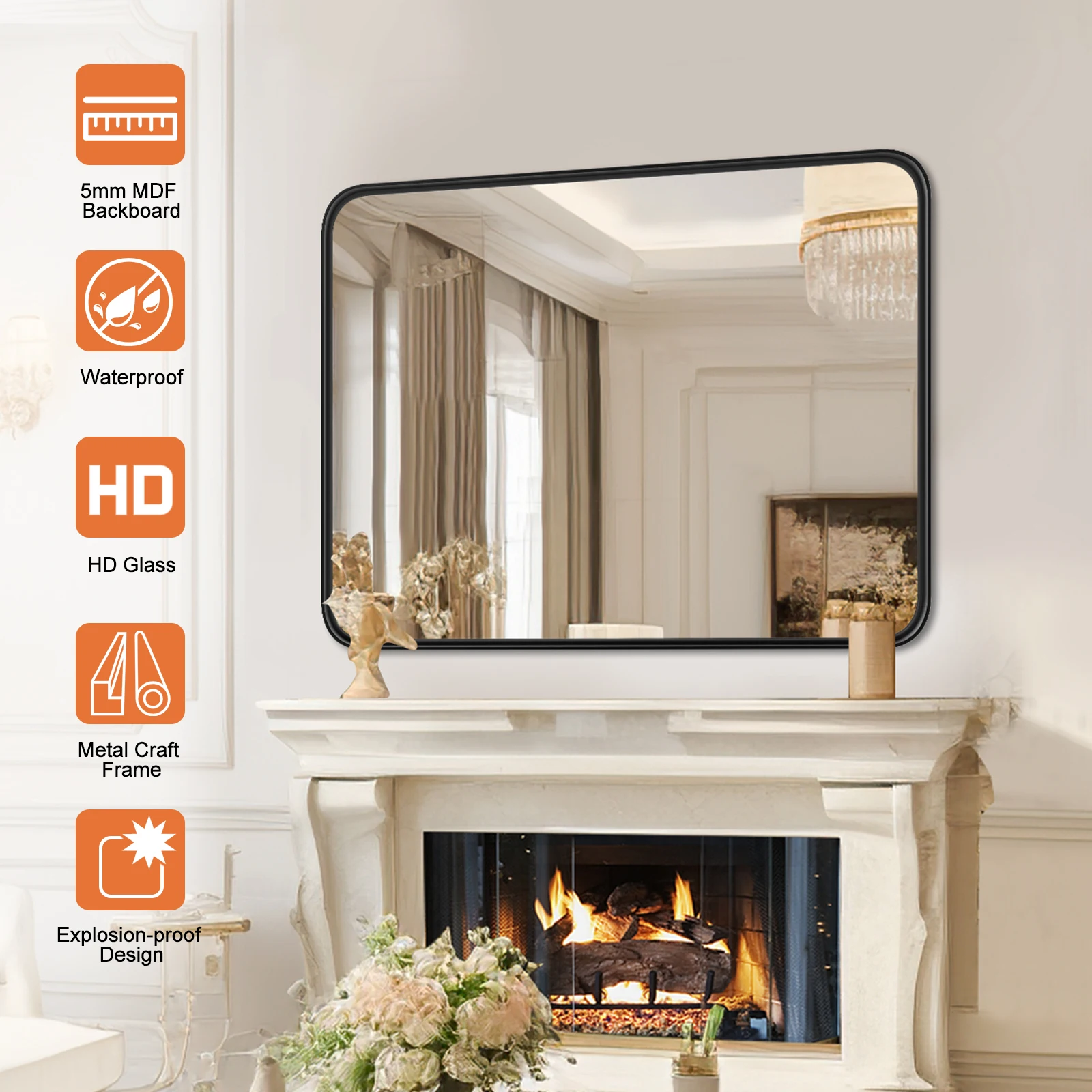 JHK 24x36 Inch Large Rectangle Vanity Framed Mirror for Wall Matte Metal Framed Modern Mirror Tempered Glass For Living Room