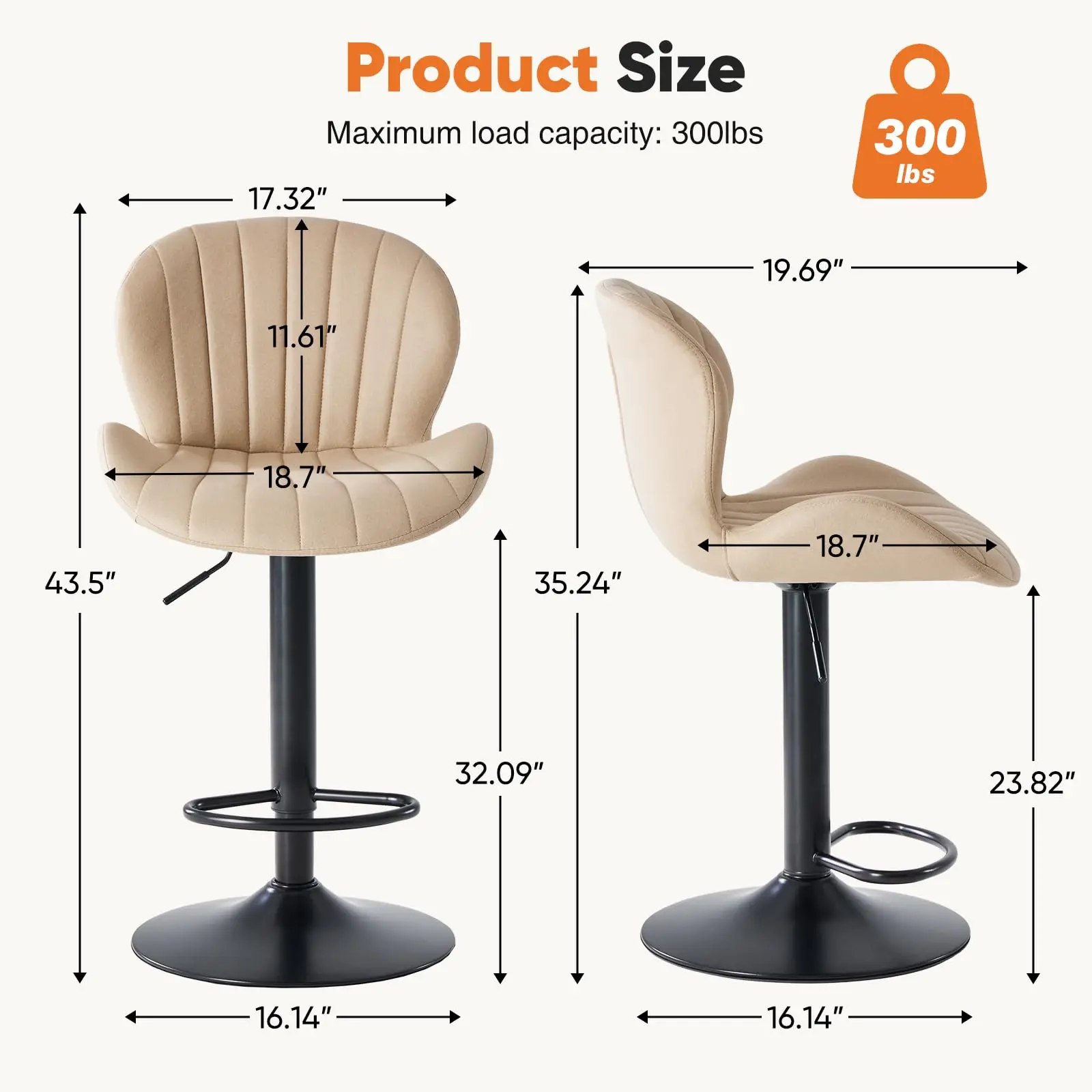 JHK Ergonomic Modern 360° Swivel Dining Chairs Set of 2 Adjustable Fabric Upholstered Kitchen Chairs with For Kitchen Island