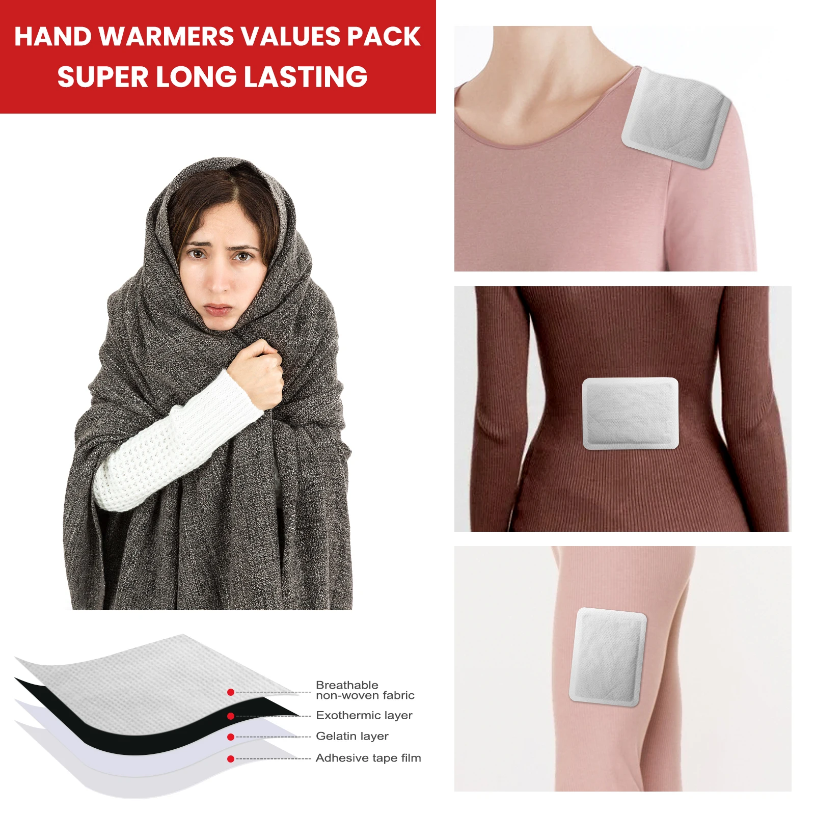 Body Warmers 20 Pack Adhesive Heat Patches Up to 10 Hours Long Lasting Warmth Large 15x12cm for Back Pain Relief Cold Camping