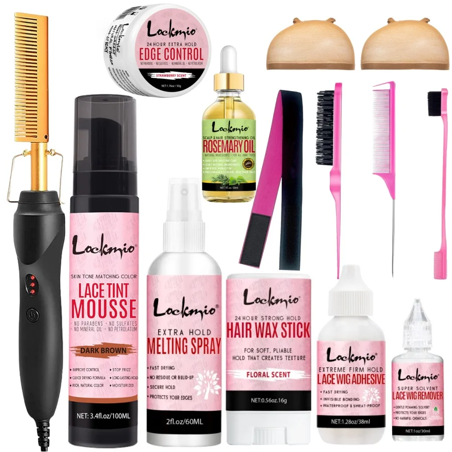 Professional Lace Wig Install Kit with Hot Comb Hair Straightener, Lace Tint Mousse, Strong Hold Wig Glue & Rosemary Oil, Complete Wig Styling Set
