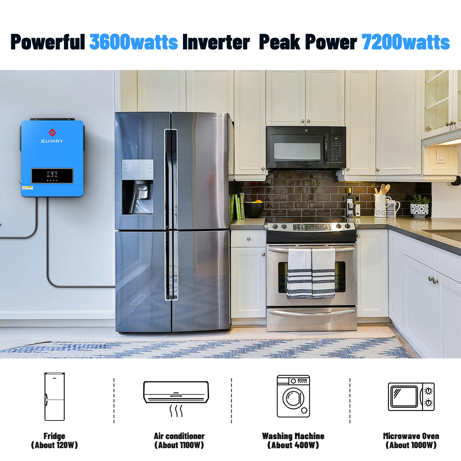 SUMRY 3600w Hybrid Pure Sine Wave Inverter 24v Dual Output 120v Solar Inverter 50/60hz Short-circuit Protection