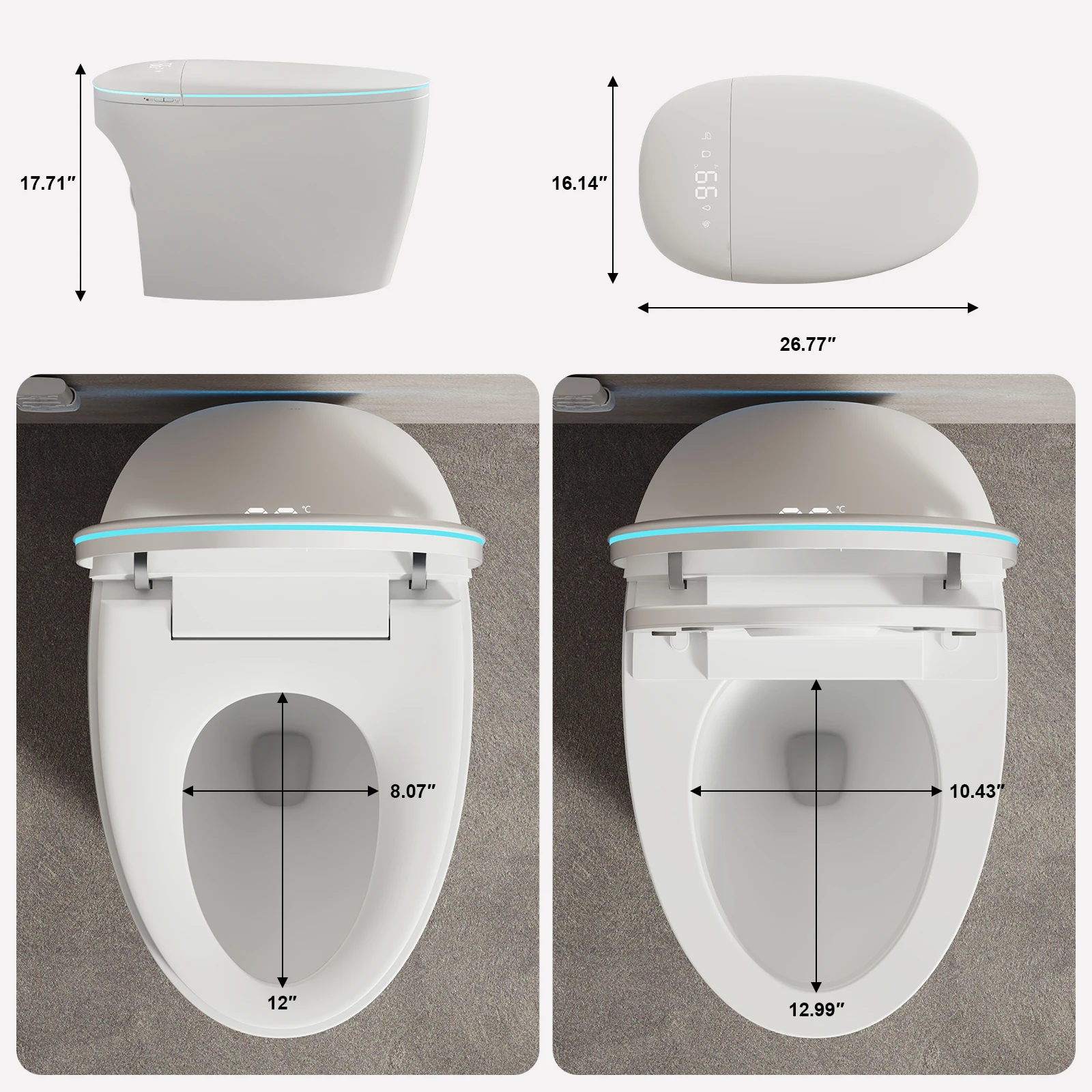 Smart Bidet Toilet Auto Open Lid Seat, Instant Heat, Warm Dryer, RGB Light, Female Rear Wash, Remote & Foot Flush