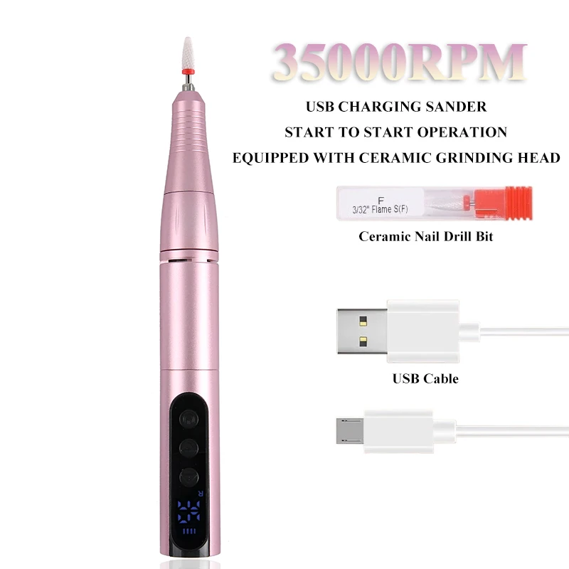 Wireless 35000RPM Nail Drill Pen USB Nail Files Sander Pen Rechargeable Nail Drill Machine Portable Manicure Drill Salon Tool
