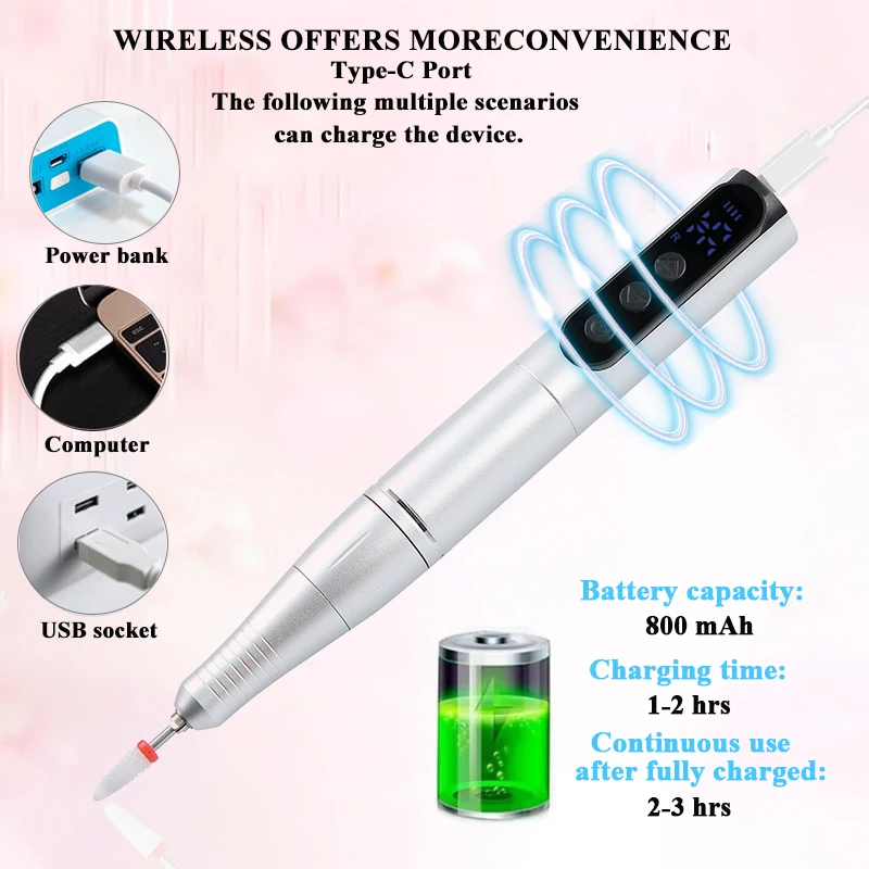Wireless 35000RPM Nail Drill Pen USB Nail Files Sander Pen Rechargeable Nail Drill Machine Portable Manicure Drill Salon Tool