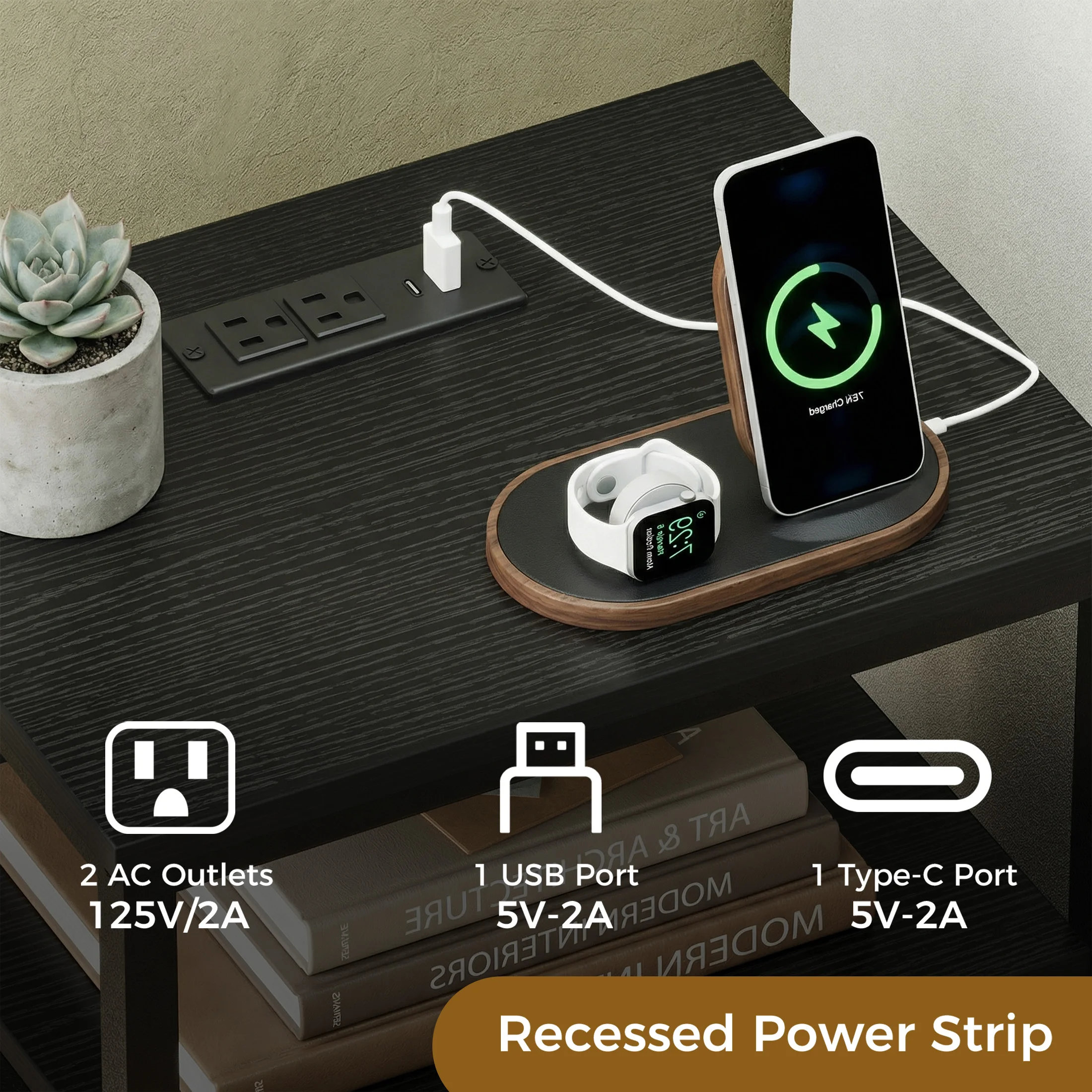 JHK 2 Fabric Drawers Night Stand with Open Shelf Bedside Table with USB Ports Charging Station Storage End Table for Living Room