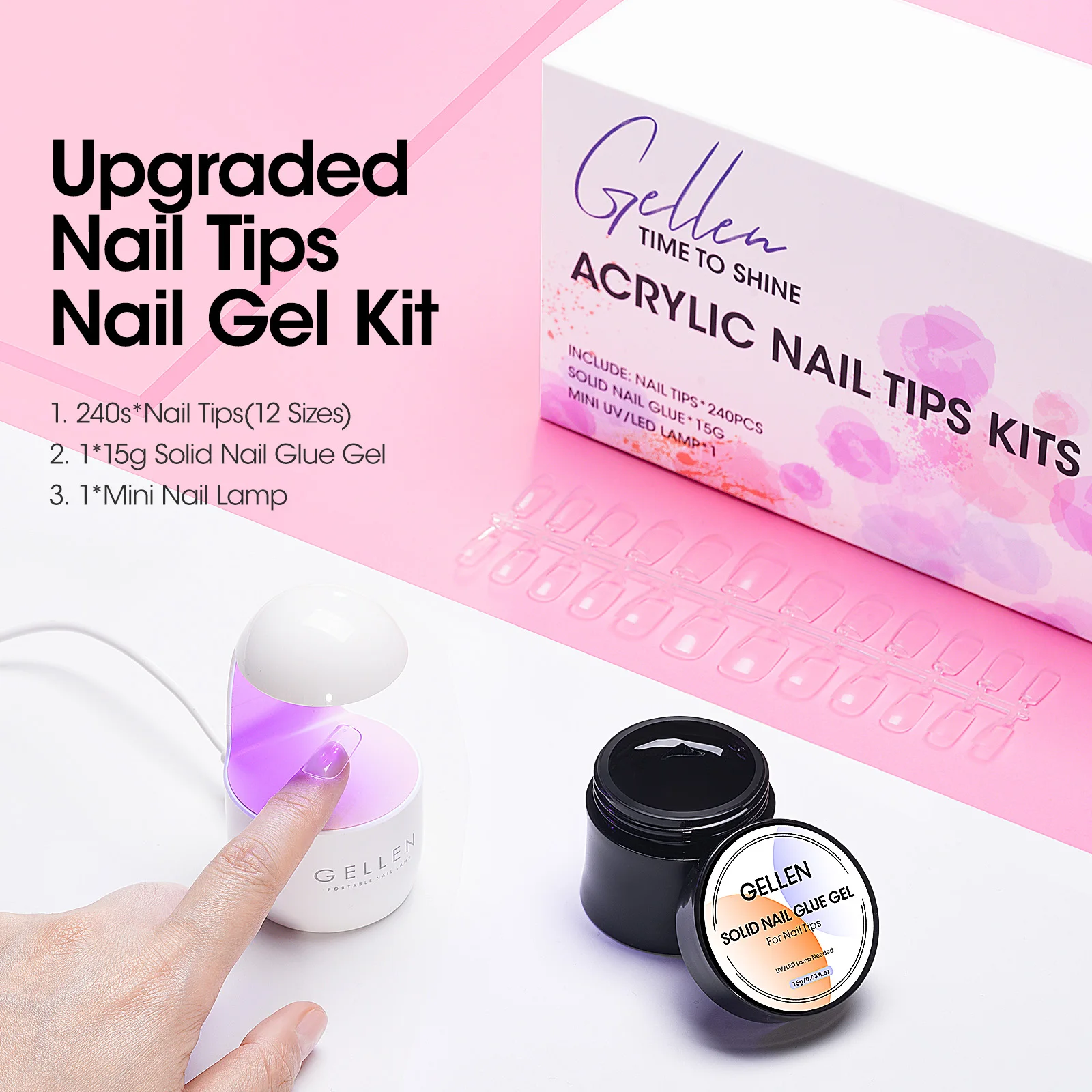 GELLEN Gel Nail Kit Press On Nails French Tip UV Lamp Solid Glue Gel Charms Pink Short Square Manicure Extension Set DIY Tools