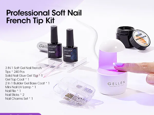 GELLEN Gel Nail Kit Press On Nails French Tip UV Lamp Solid Glue Gel Charms Pink Short Square Manicure Extension Set DIY Tools
