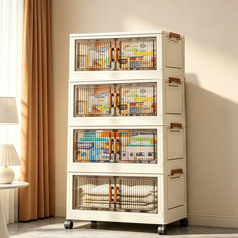 19.7in 3/4/5/6-Tier Foldable Storage Cabinet with Wheels, Stackable Plastic Storage Organizer with Magnetic Doors, Collapsible Storage Shelf for Bedroom, Living Room, Kitchen, Pantry, No Assembly Required, Beige