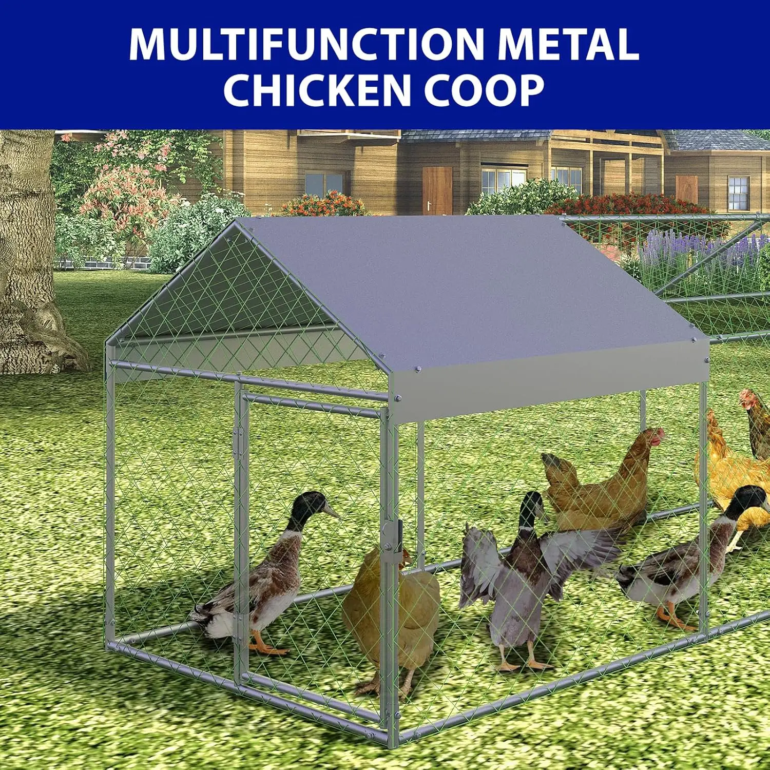 Portable Metal Chicken Coop 120x40x40in Chicken Run For Yard With Anti-UV Waterproof Cover, Poultry Cage For Ducks Rabbits