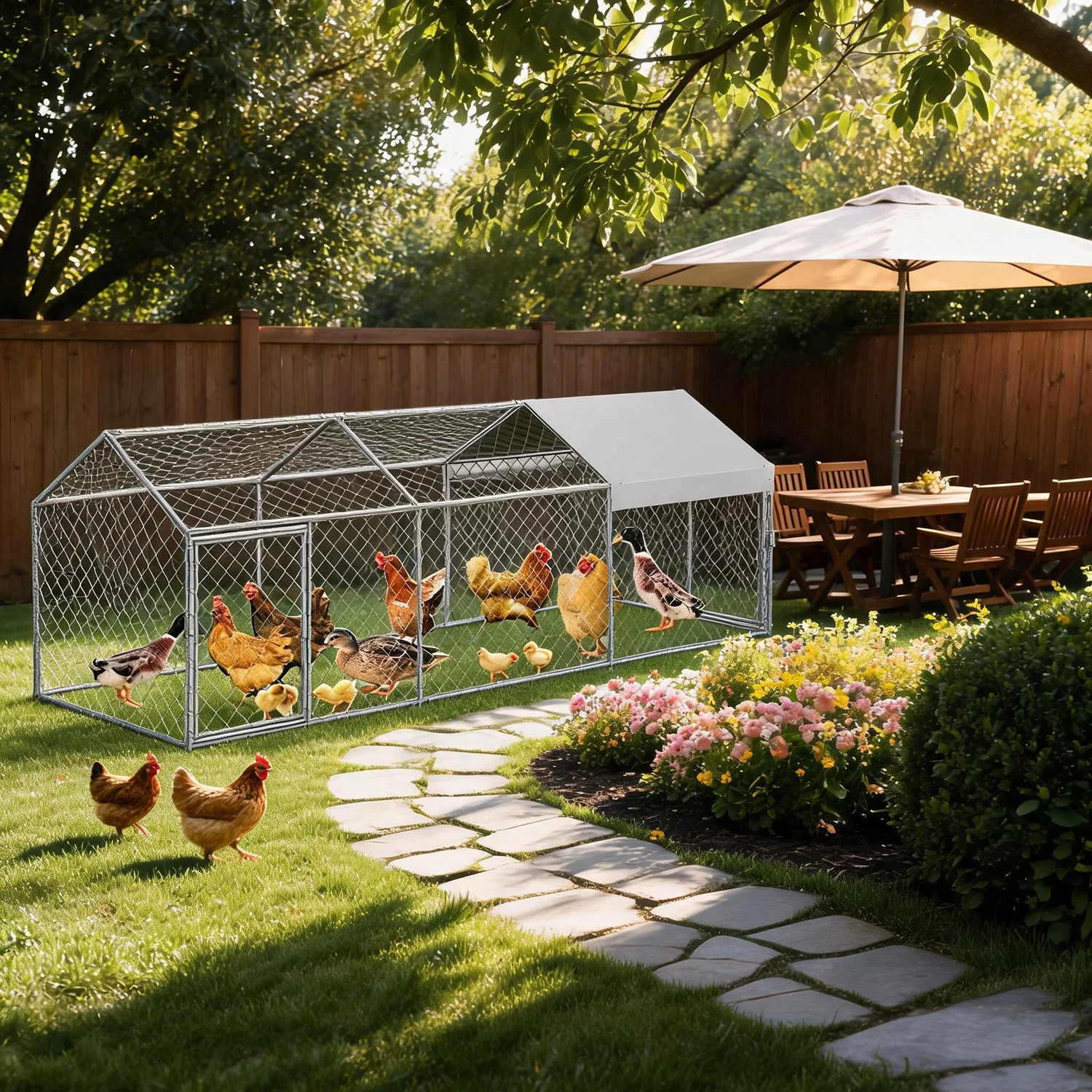 Portable Metal Chicken Coop 120x40x40in Chicken Run For Yard With Anti-UV Waterproof Cover, Poultry Cage For Ducks Rabbits