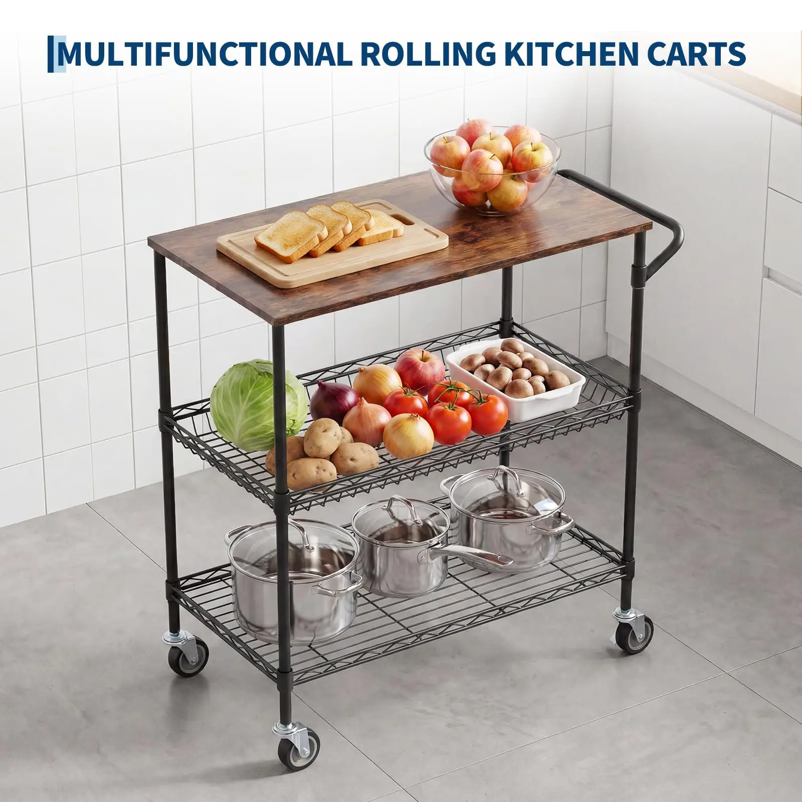 3-Tier Kitchen Island Cart With Wheels, 35.43in Heavy Duty Microwave Stand, Wood Top, Locking Utility Storage Cart For Home Bar
