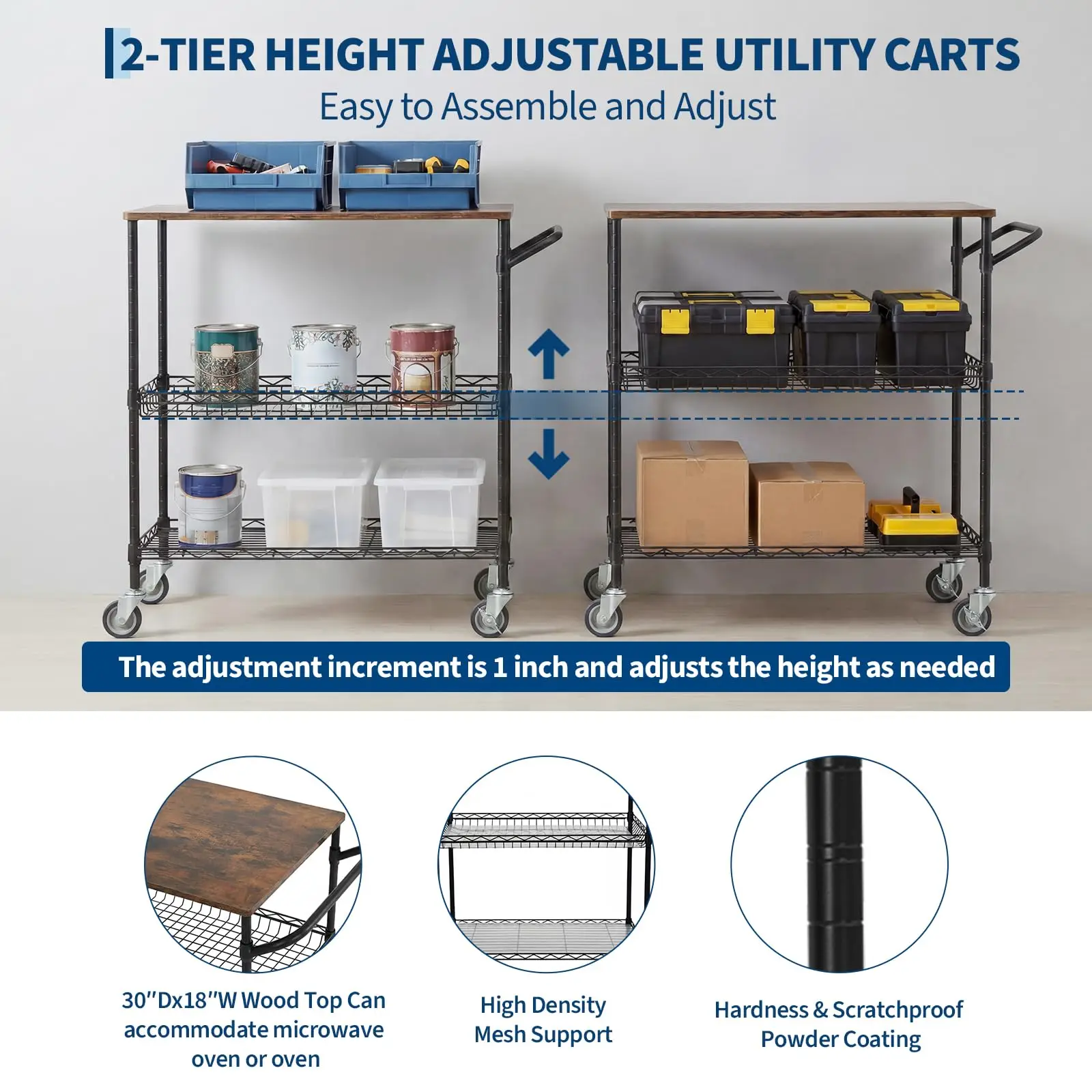 3-Tier Kitchen Island Cart With Wheels, 35.43in Heavy Duty Microwave Stand, Wood Top, Locking Utility Storage Cart For Home Bar