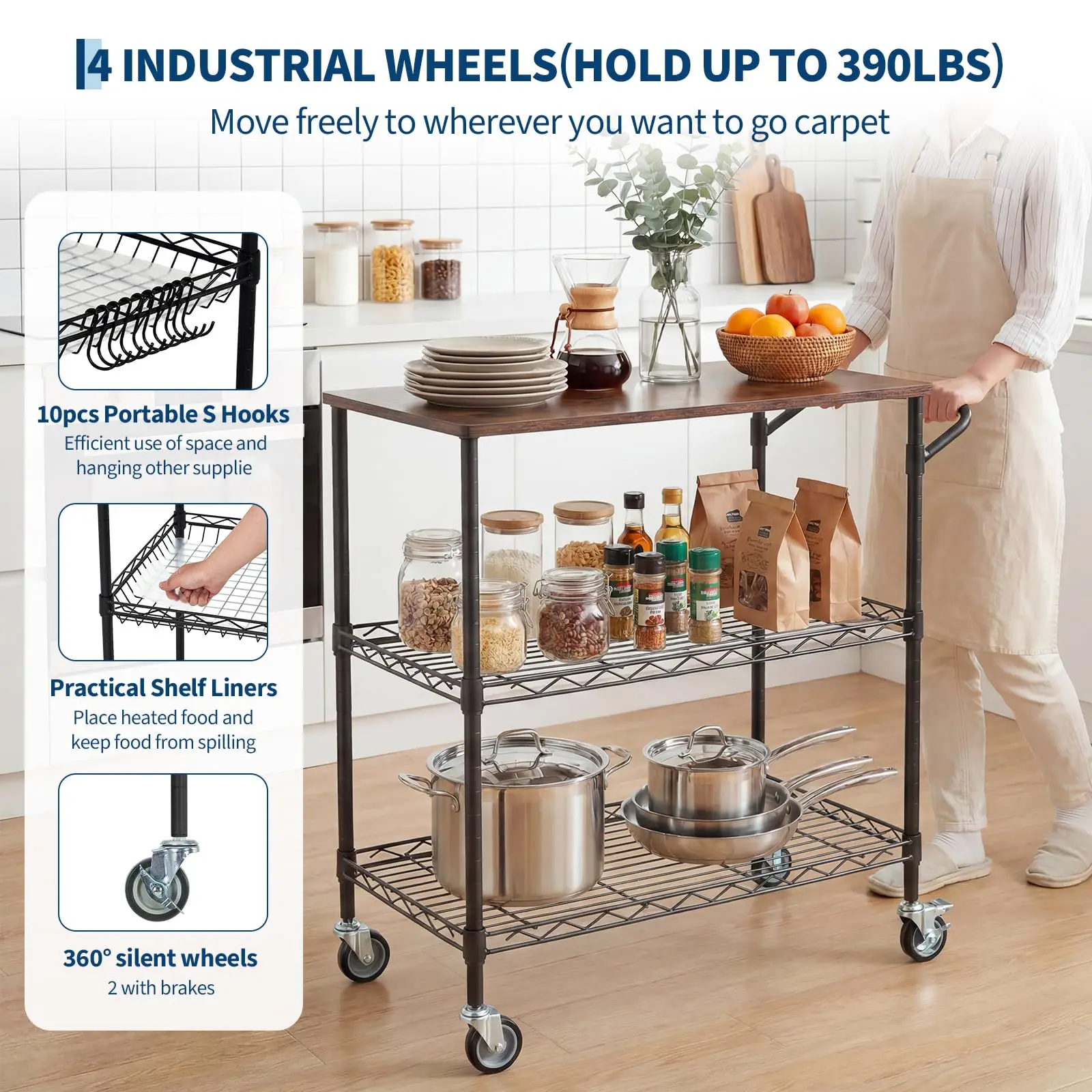 3-Tier Kitchen Island Cart With Wheels, 35.43in Heavy Duty Microwave Stand, Wood Top, Locking Utility Storage Cart For Home Bar