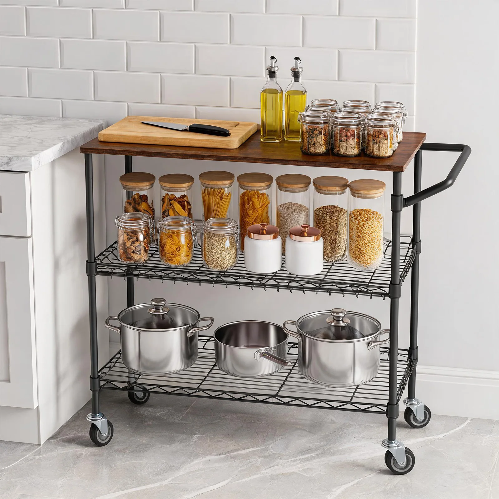 3-Tier Kitchen Island Cart With Wheels, 35.43in Heavy Duty Microwave Stand, Wood Top, Locking Utility Storage Cart For Home Bar