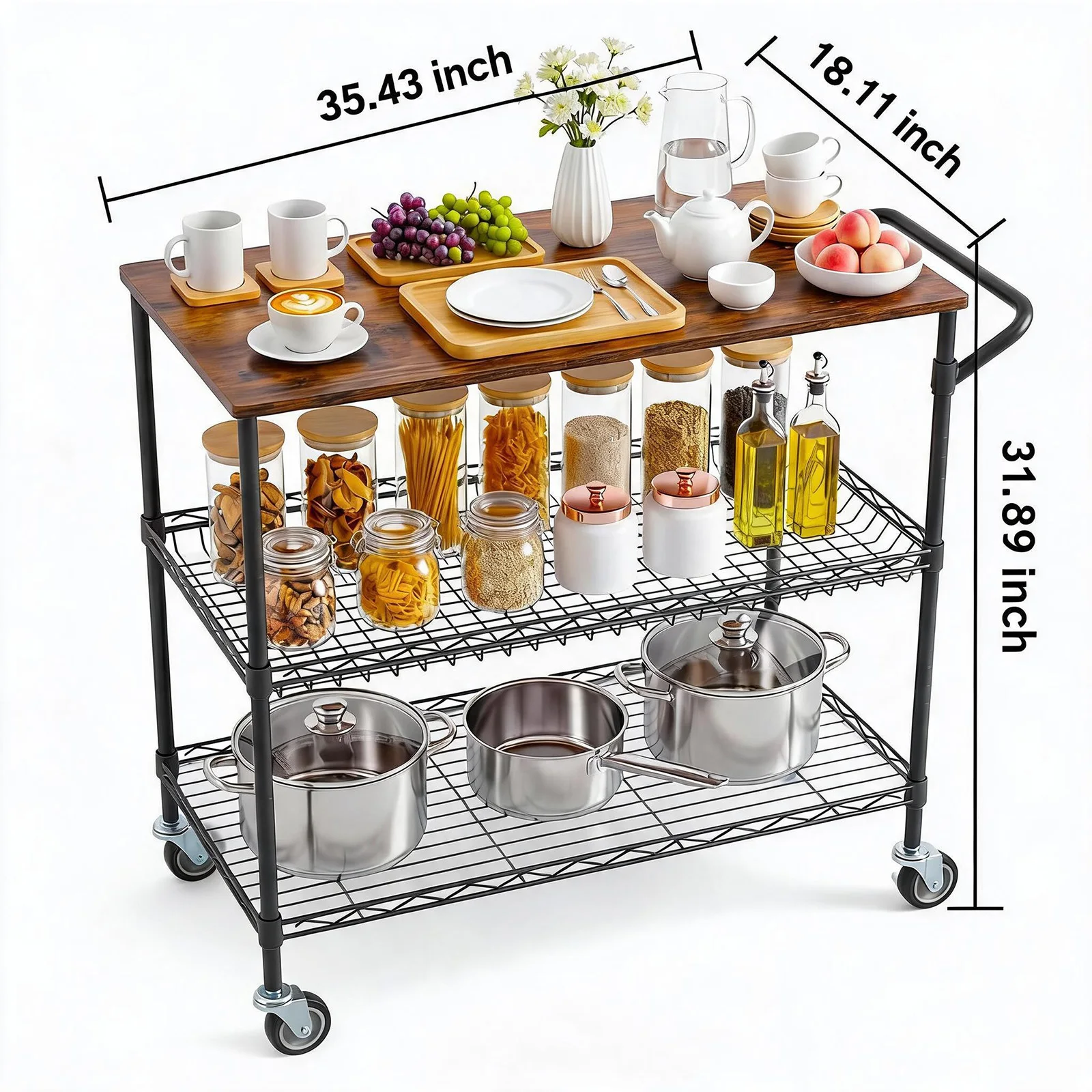 3-Tier Kitchen Island Cart With Wheels, 35.43in Heavy Duty Microwave Stand, Wood Top, Locking Utility Storage Cart For Home Bar