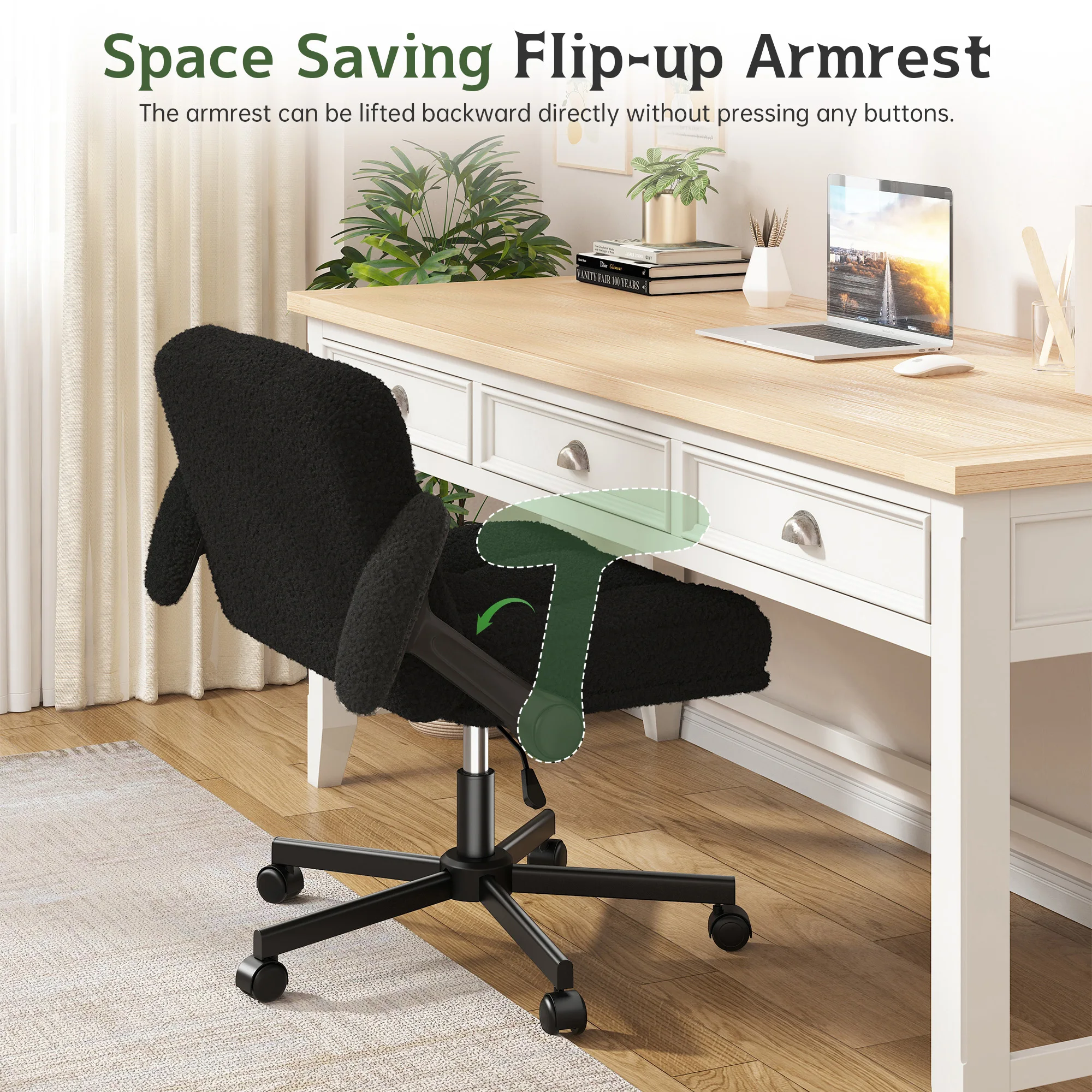 EnHomee Criss Cross Office  Chair with Wheels, Adjustable Height Vanity Chair,Teddy Plush Desk Chair with Flip-Up Arms for Bedroom & Home Office