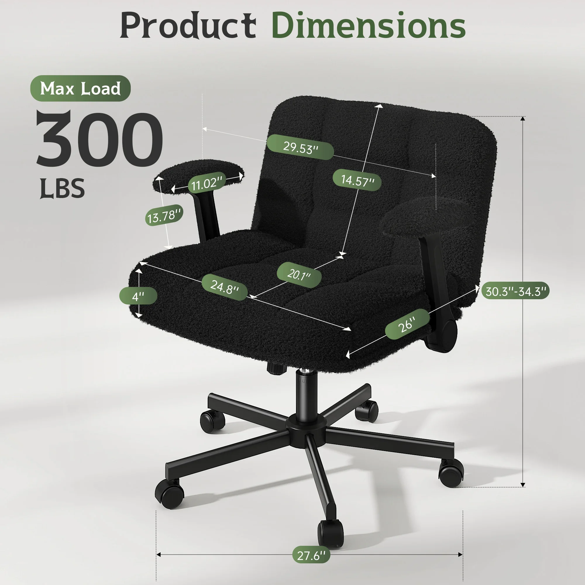 EnHomee Criss Cross Office  Chair with Wheels, Adjustable Height Vanity Chair,Teddy Plush Desk Chair with Flip-Up Arms for Bedroom & Home Office