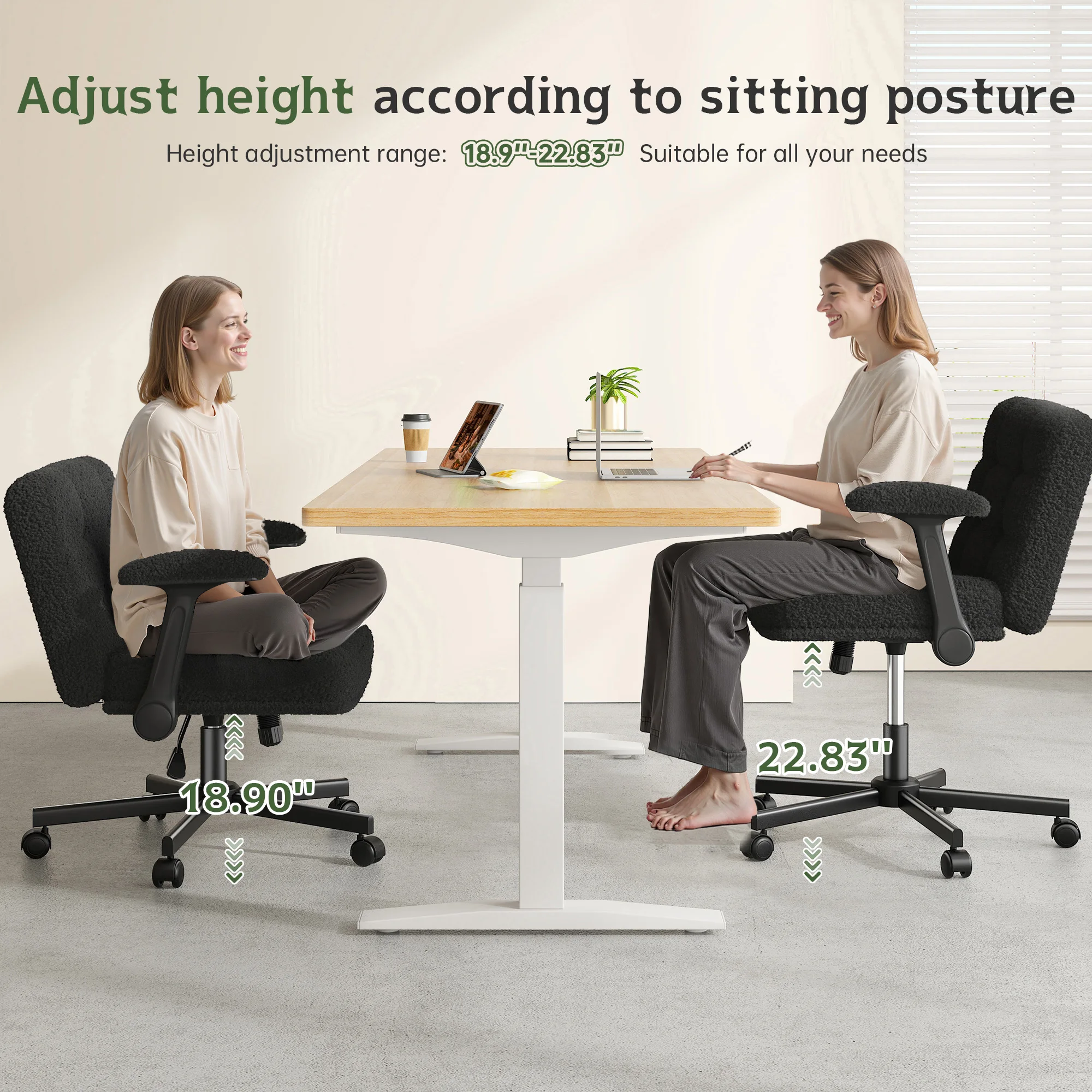 EnHomee Criss Cross Office  Chair with Wheels, Adjustable Height Vanity Chair,Teddy Plush Desk Chair with Flip-Up Arms for Bedroom & Home Office