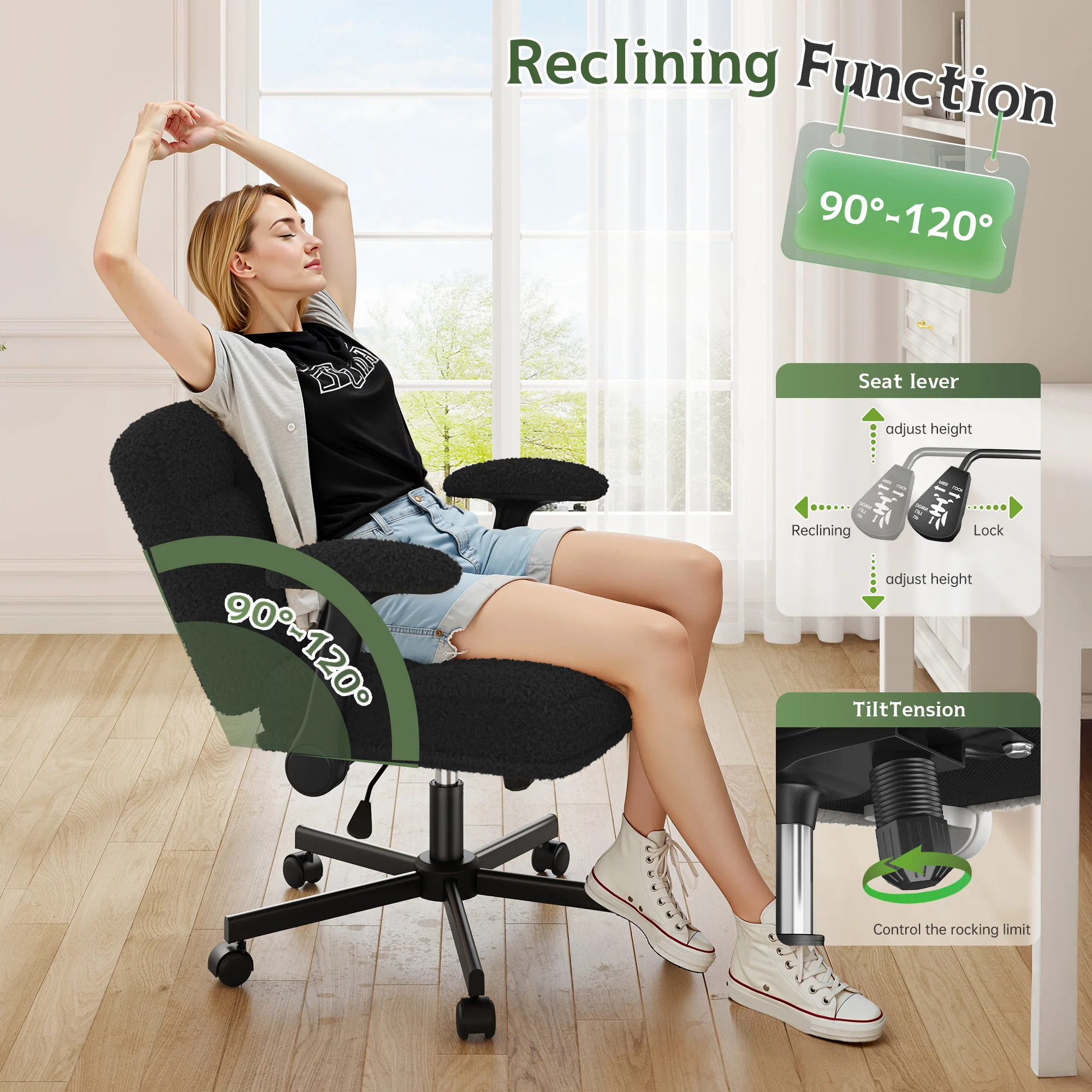 EnHomee Criss Cross Office  Chair with Wheels, Adjustable Height Vanity Chair,Teddy Plush Desk Chair with Flip-Up Arms for Bedroom & Home Office