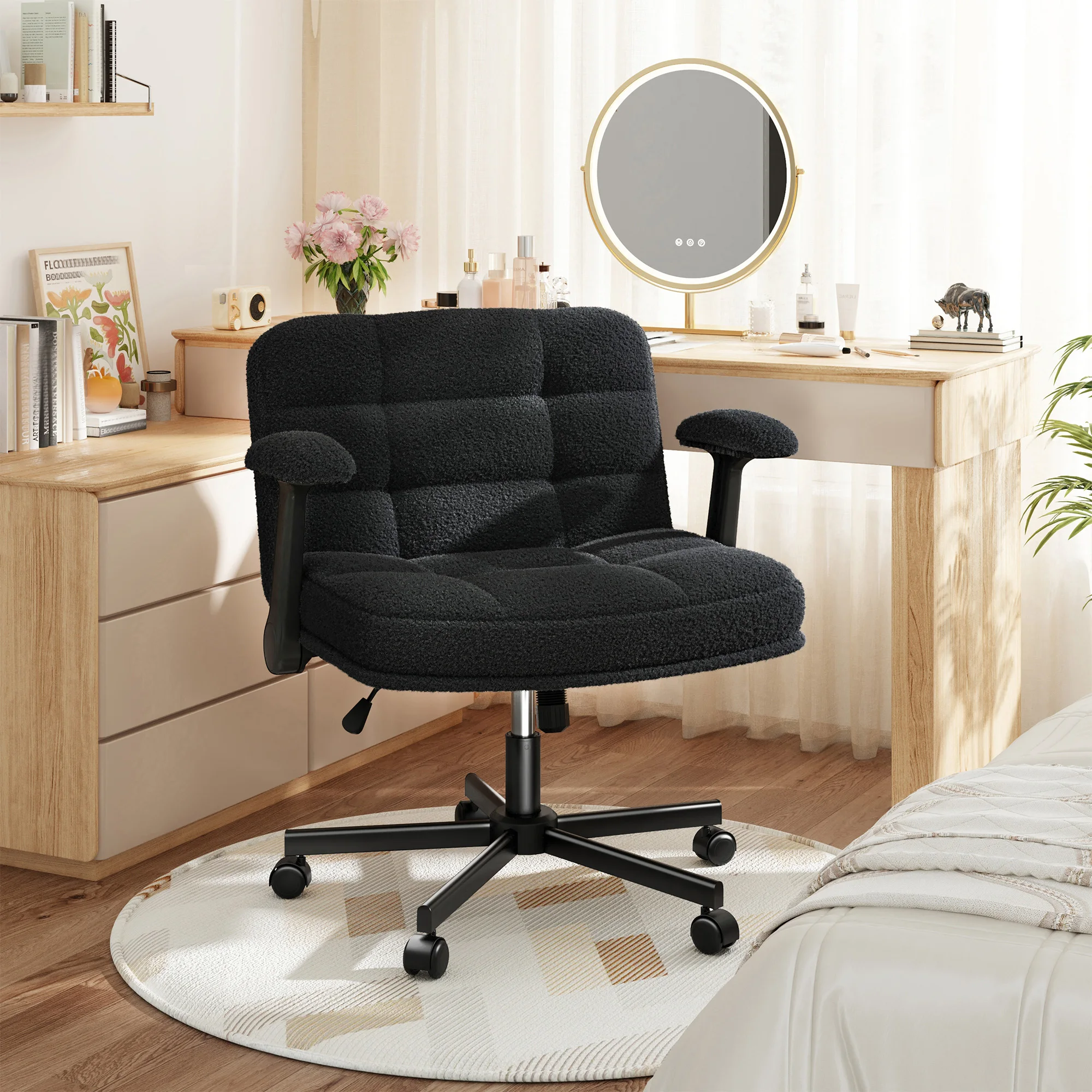 EnHomee Criss Cross Office  Chair with Wheels, Adjustable Height Vanity Chair,Teddy Plush Desk Chair with Flip-Up Arms for Bedroom & Home Office