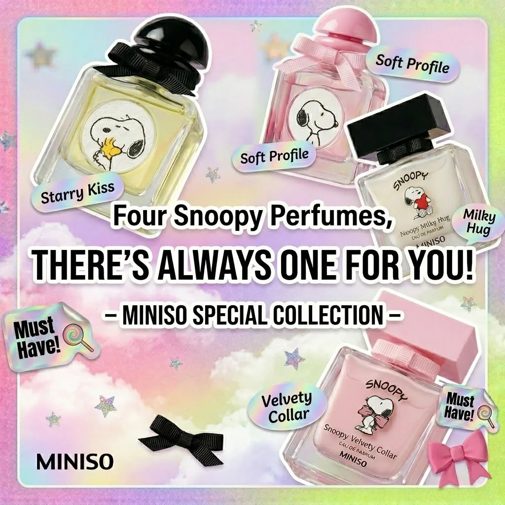 Miniso Snoopy Peanuts Women's Eau De Toilette Comforting Fruity Floral Scent with Strawberry Rose & Vanilla Sweetness Pink Square Bottle Gift for Women