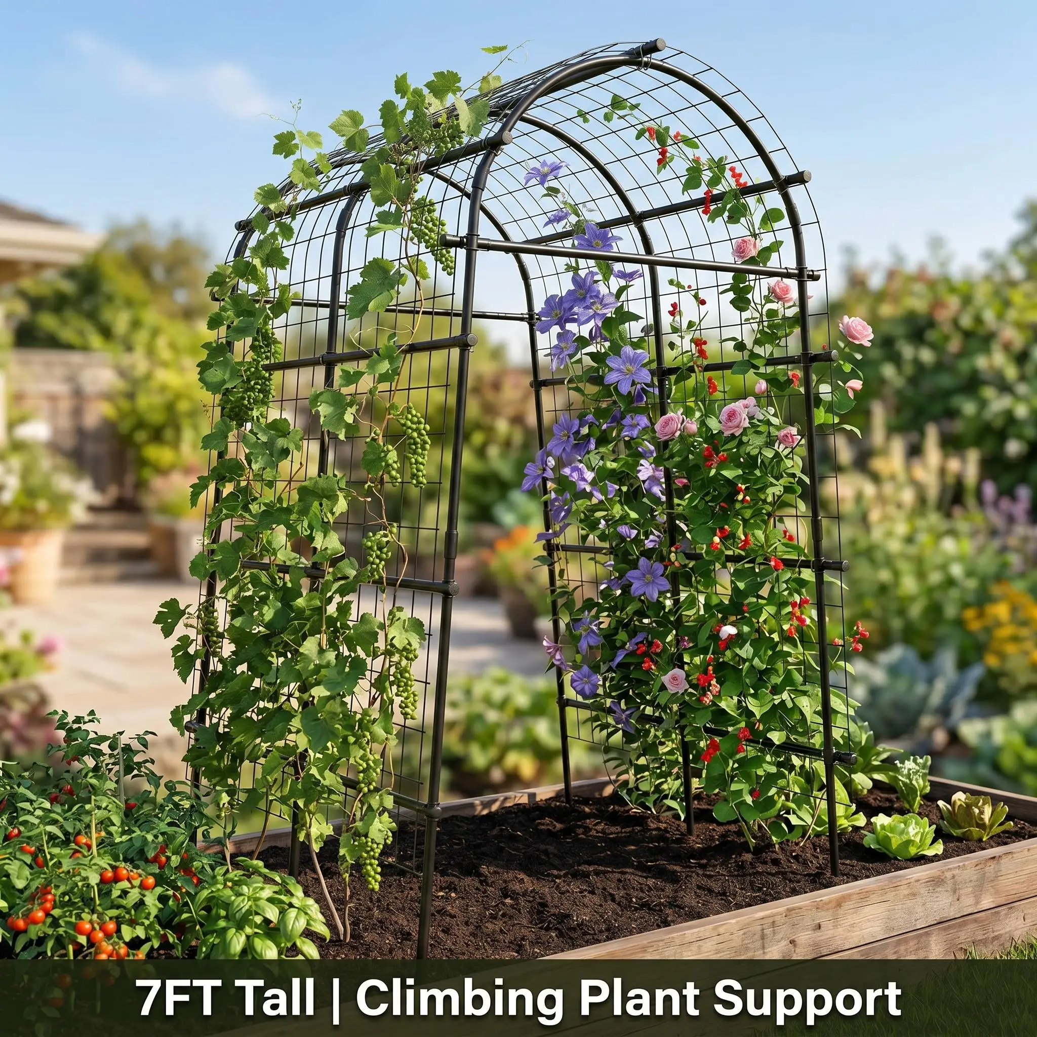 Cucumber Trellis For Raised Bed U-Shape Garden Trellis For Climbing Plants Metal Arch Vegetables Trellis Plant Support For Grape Vine Beans Squash Peas Flower Outdoor