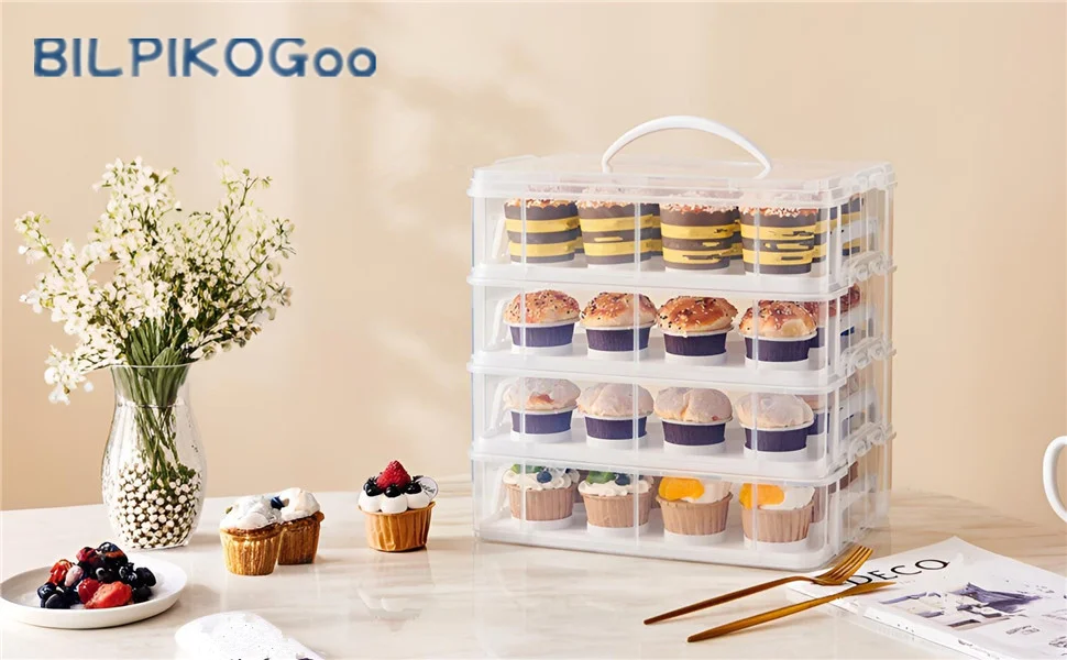 4-Tiers Cupcake Carrier, Cupcake Holder, Cupcake and Brownie Storage Container, Stacking Cupcake Storage Container Store up to 48 Cupcakes