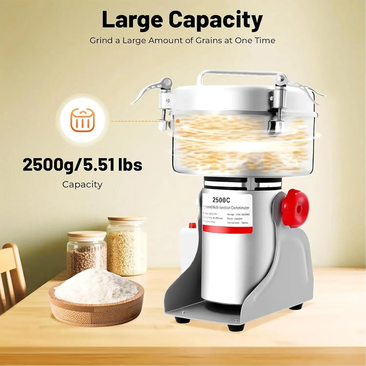 2500g Electric Grain Grinder, Mill 4500W Commercial Spice Grinder, 32000r/min High-speed Grain Spice Herb Dry Grinders, Machine 304 Stainless Steel Powder Machine