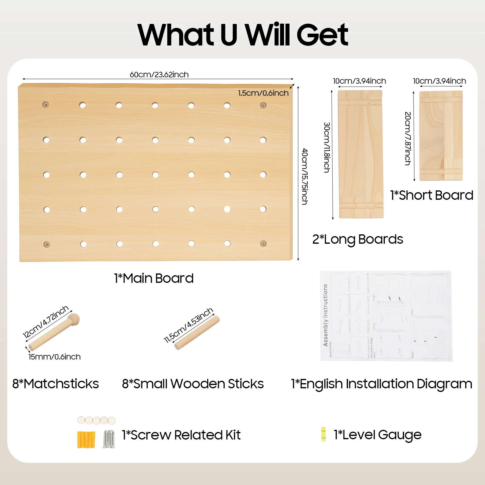 60*40cm Wooden Pegboard Set, Modular Display Pegboard Panel Kits, DIY Wood Nail Board For Home, Office, Garages