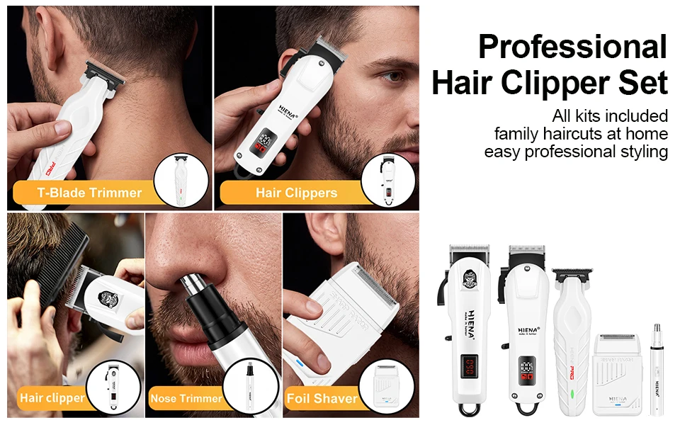 HIENA PRO 2/5Pcs Professional Hair Clippers Kit Rechargeable Hair Trimmer Men's Electric Ear and Nose Hair Trimmer Grooming Kit, Rechargeable Electric Razor, 4 Piece Set, US Local Ship