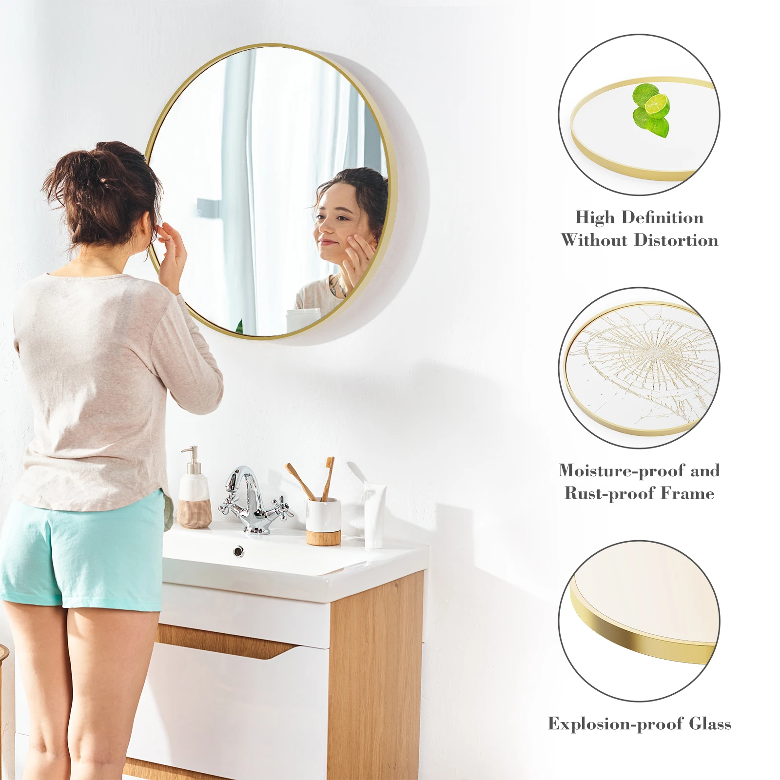 JHK 30 Inch Large Gold Round Vanity Framed Mirror for Wall Matte Metal Framed Modern Mirror Tempered Glass Bedroom Living Room