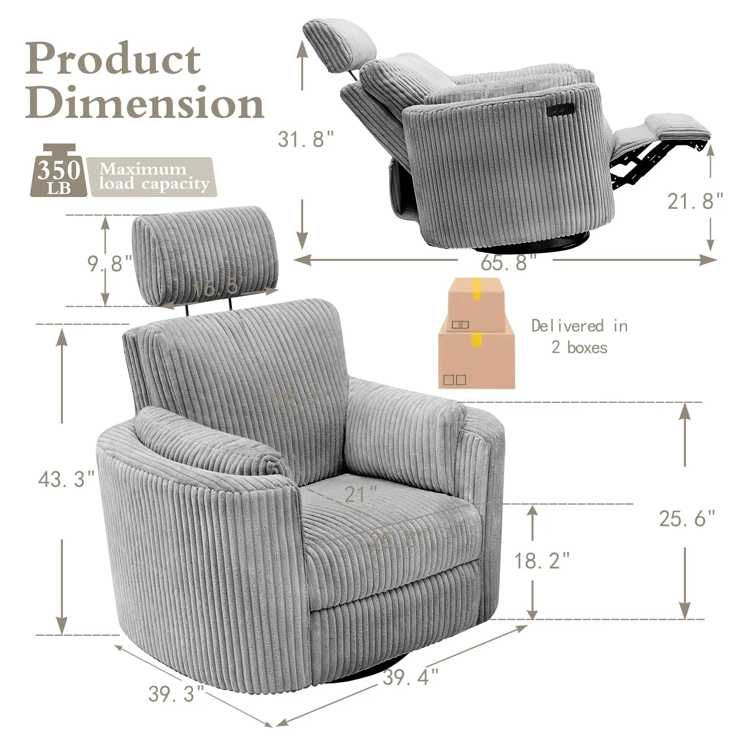 Power Swivel Recliner Rocking Chair Nursery Glider Rocker with Headrest, USB and Type-c Port, Corduroy Electric Reclining Sofa C