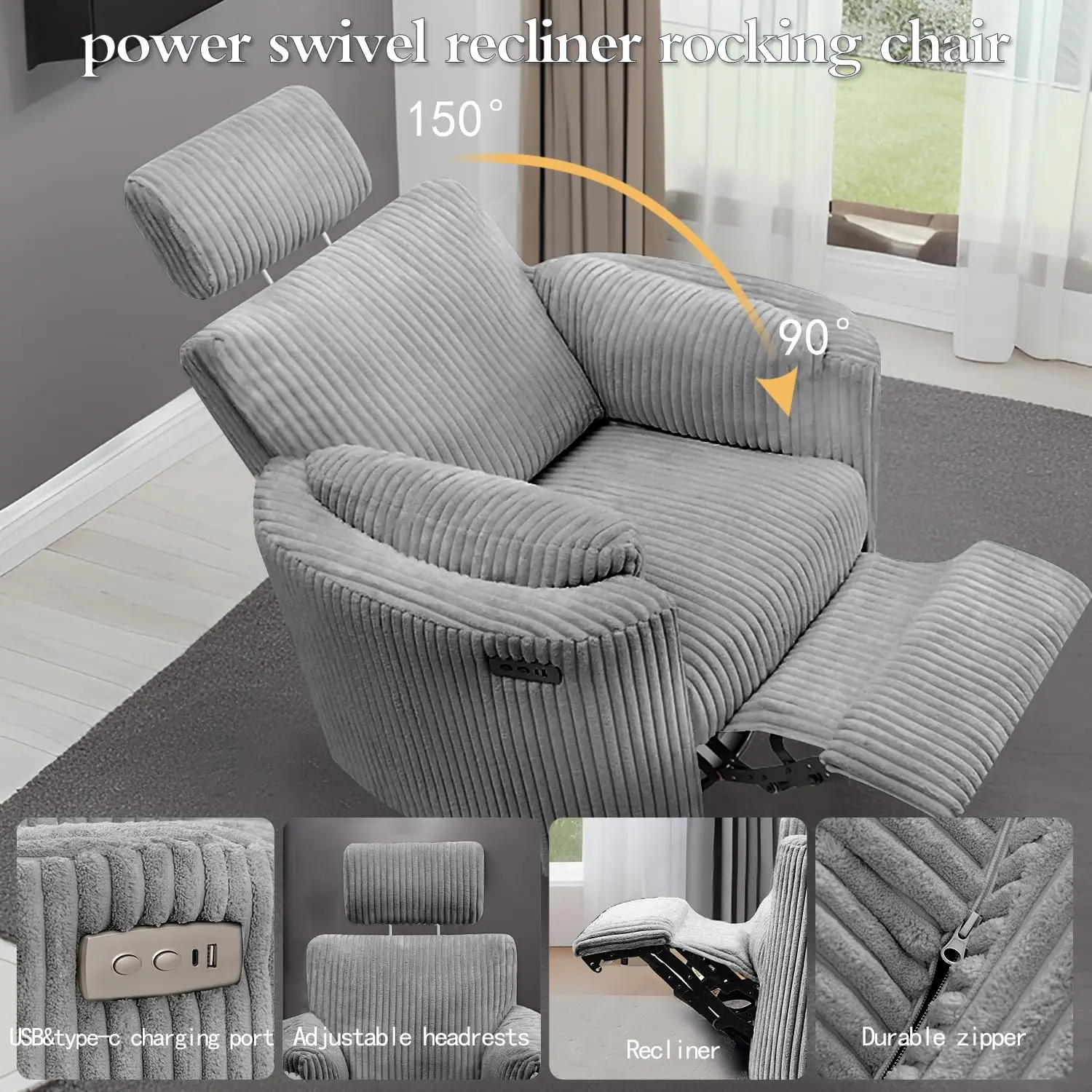 Power Swivel Recliner Rocking Chair Nursery Glider Rocker with Headrest, USB and Type-c Port, Corduroy Electric Reclining Sofa C