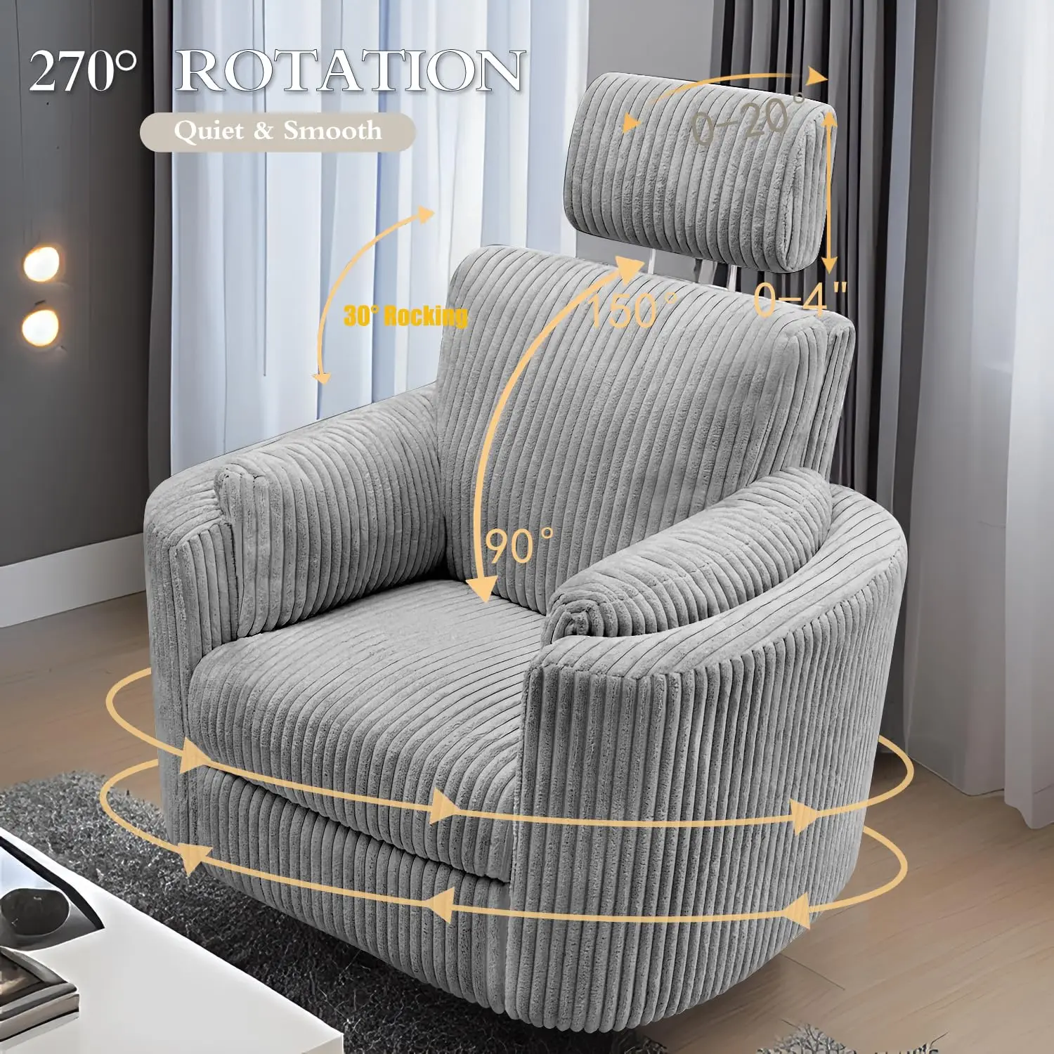 Power Swivel Recliner Rocking Chair Nursery Glider Rocker with Headrest, USB and Type-c Port, Corduroy Electric Reclining Sofa C