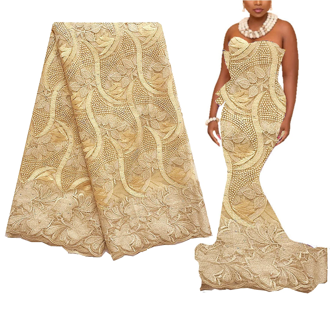 5 Yards African Lace Fabric 2026 High Quality Lace Tulle French Fabric Embroidered White Gold Nigerian Lace Fabrics for Wedding
