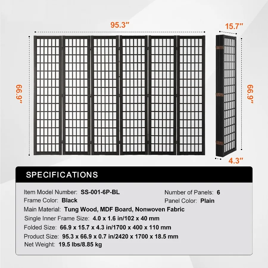 6 Panel Japanese Room Divider Folding Privacy Screen Indoor Portable Partition Dividers and Decoration Screens for Room Separat