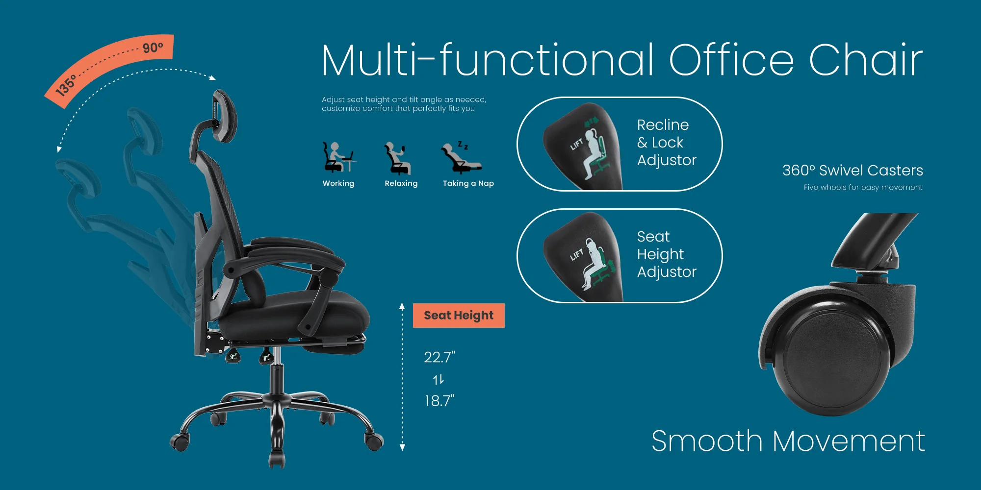 MCQ High Back Ergonomic Reclining Gaming Office Chair with Lumbar Support Pillow Mesh Swivel Rolling Rocking Computer Desk Chair