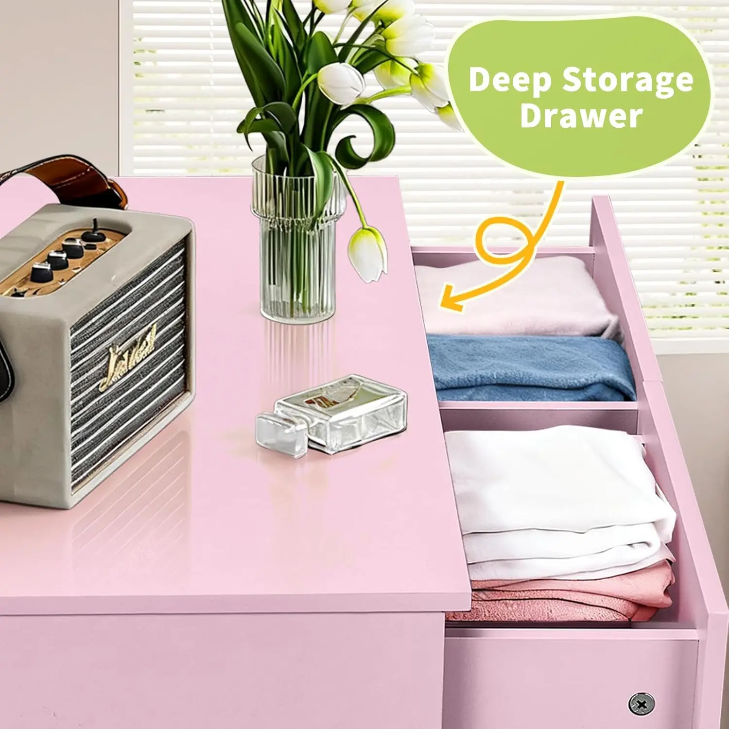 Pink 6 Drawer Dresser Bedroom Modern Wood Chest Anti-Tipping Rose Gold Handle Living Room Hallway Office, Customized