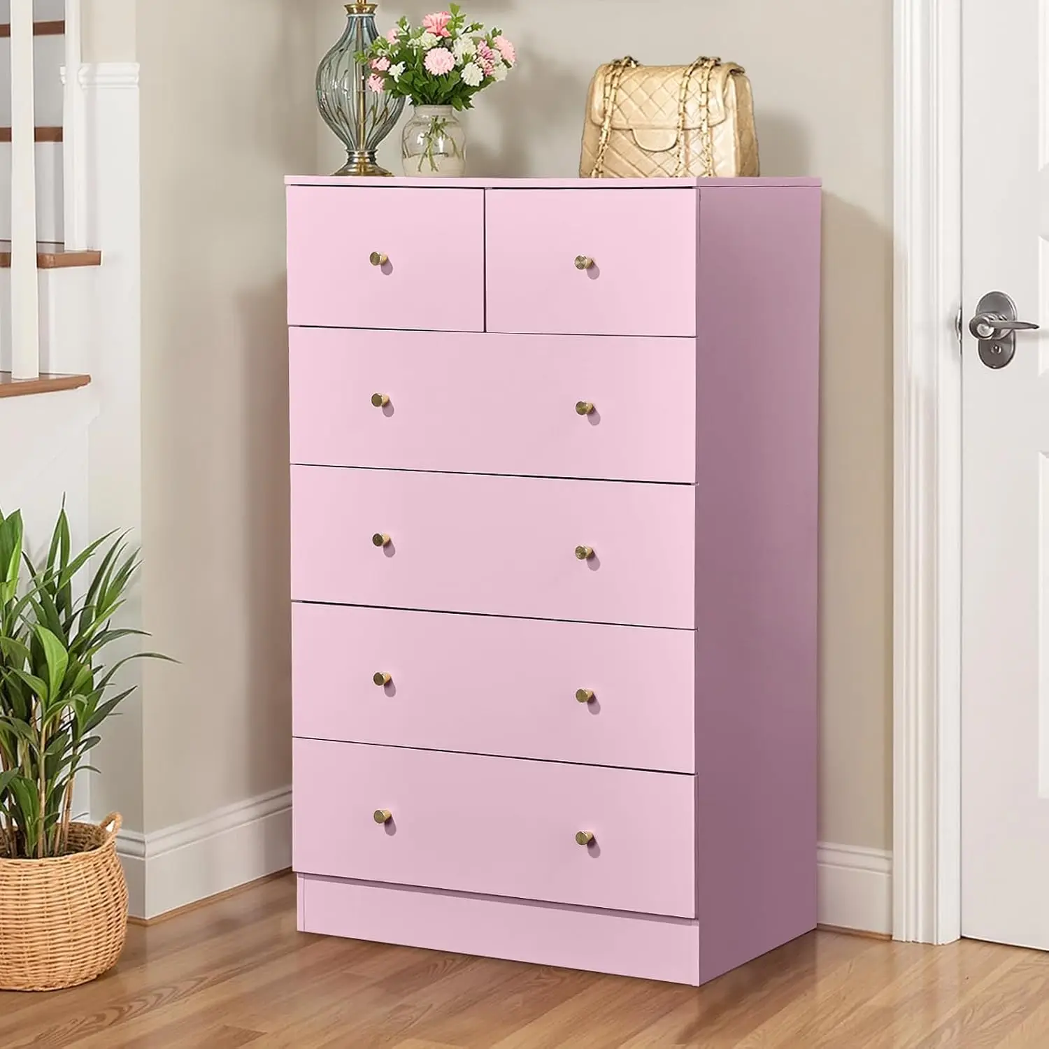 Pink 6 Drawer Dresser Bedroom Modern Wood Chest Anti-Tipping Rose Gold Handle Living Room Hallway Office, Customized