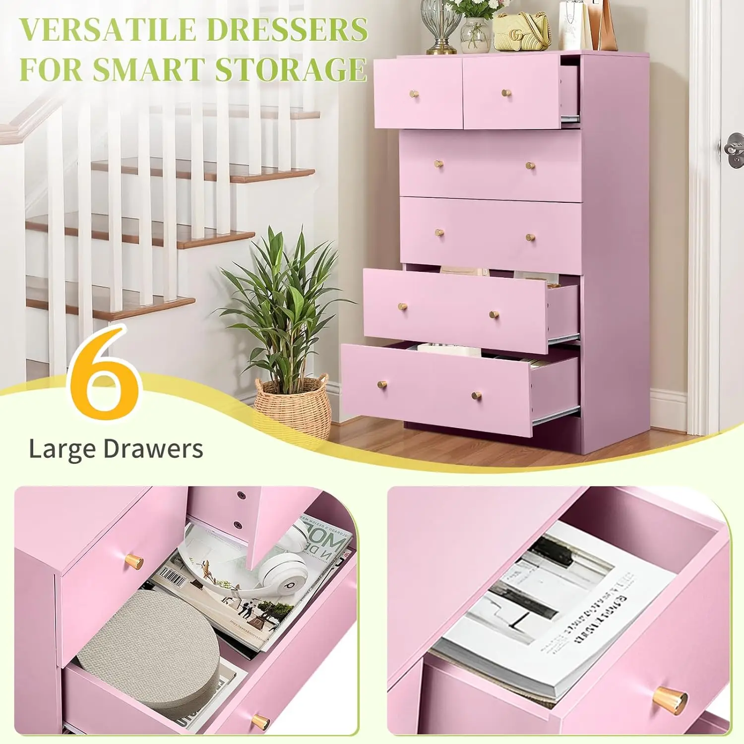 Pink 6 Drawer Dresser Bedroom Modern Wood Chest Anti-Tipping Rose Gold Handle Living Room Hallway Office, Customized