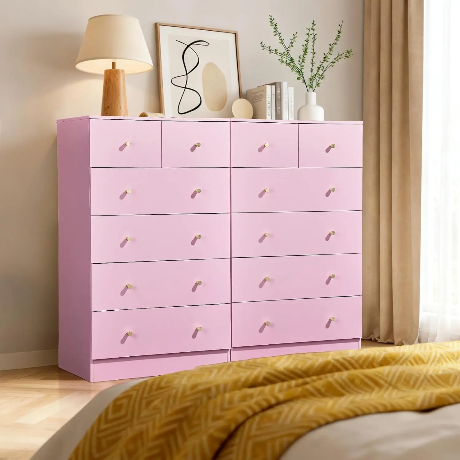 Pink 6 Drawer Dresser Bedroom Modern Wood Chest Anti-Tipping Rose Gold Handle Living Room Hallway Office, Customized