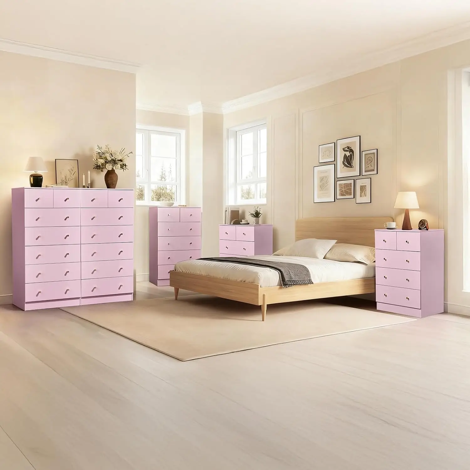 Pink 6 Drawer Dresser Bedroom Modern Wood Chest Anti-Tipping Rose Gold Handle Living Room Hallway Office, Customized