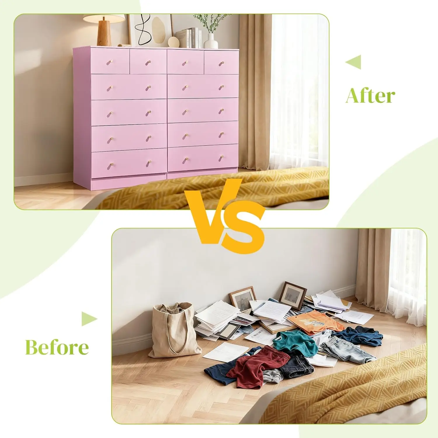 Pink 6 Drawer Dresser Bedroom Modern Wood Chest Anti-Tipping Rose Gold Handle Living Room Hallway Office, Customized