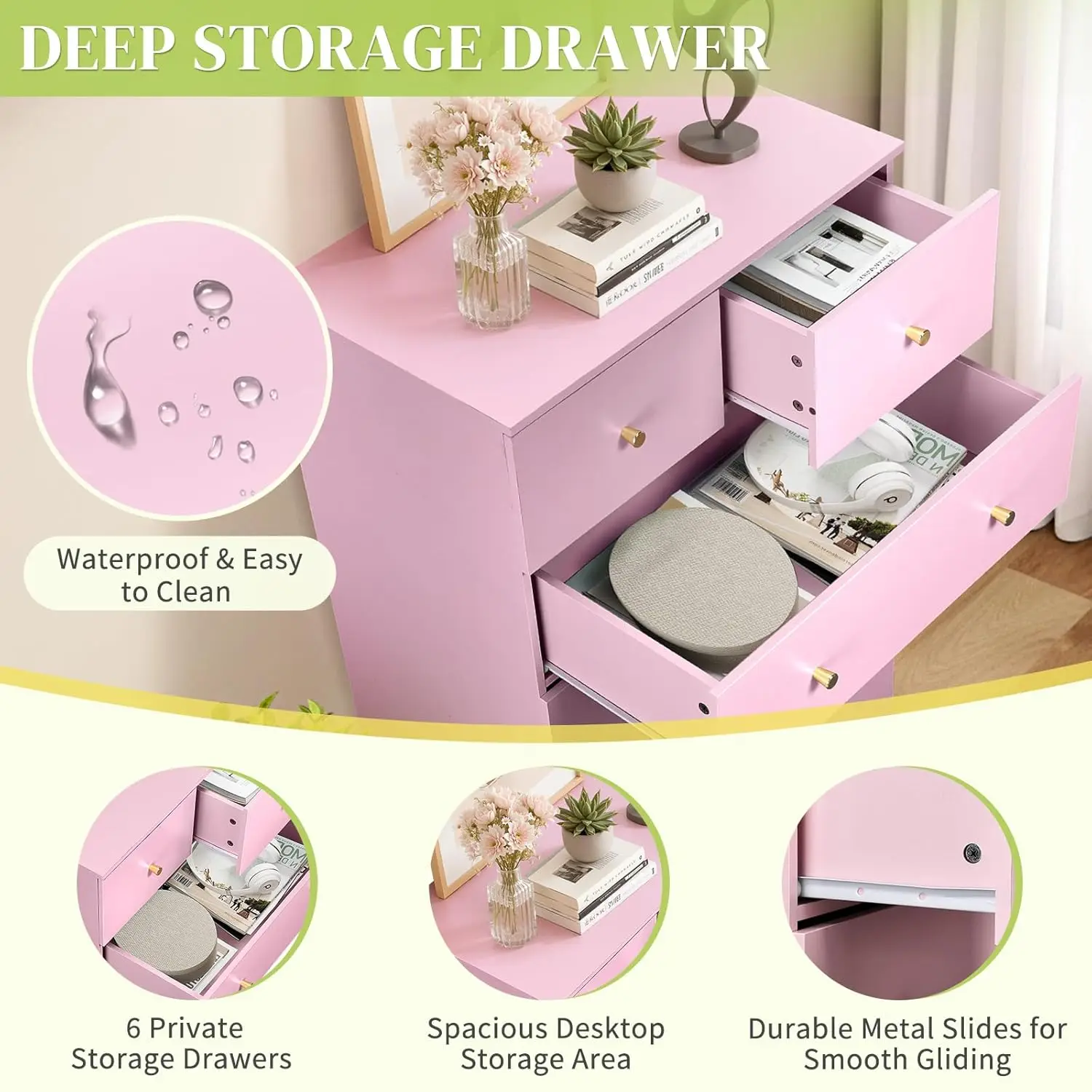 Pink 6 Drawer Dresser Bedroom Modern Wood Chest Anti-Tipping Rose Gold Handle Living Room Hallway Office, Customized