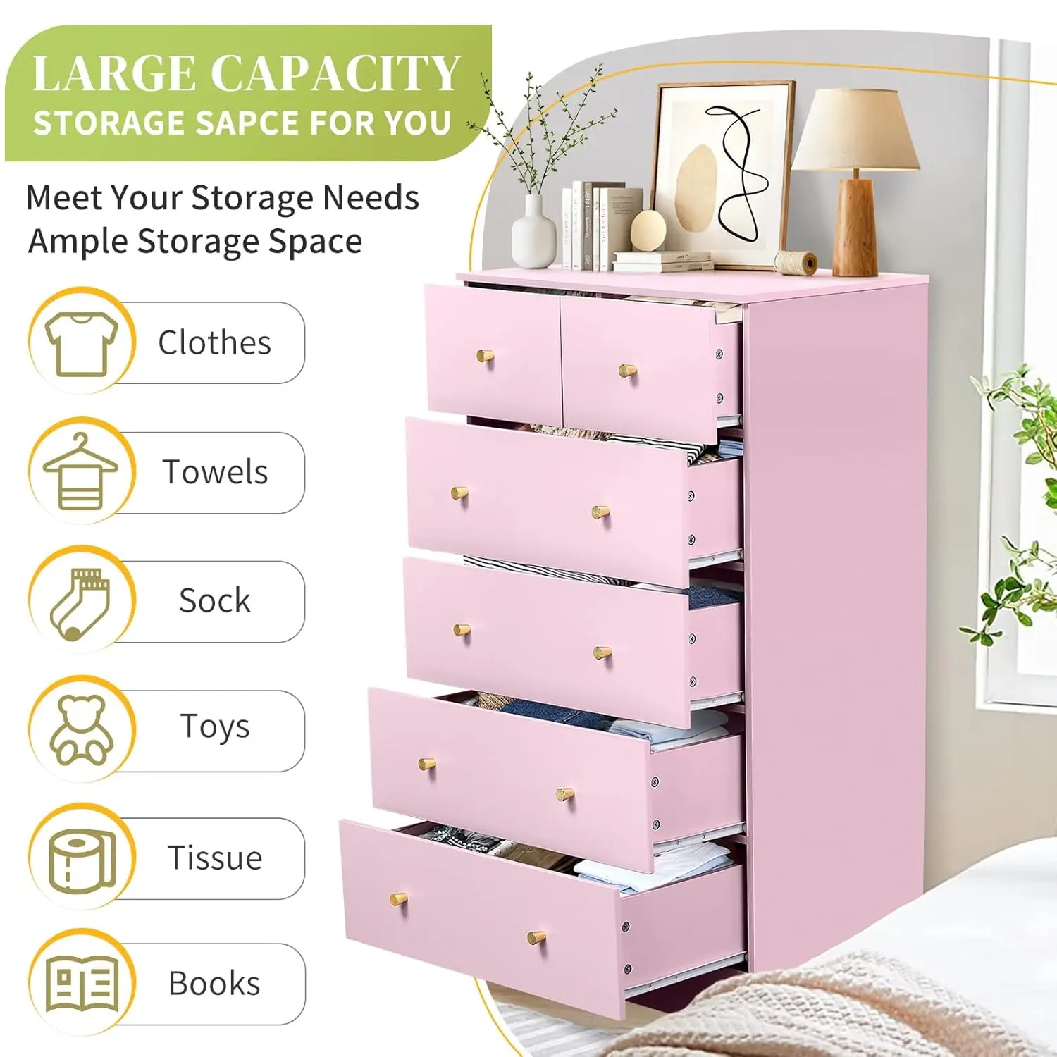 Pink 6 Drawer Dresser Bedroom Modern Wood Chest Anti-Tipping Rose Gold Handle Living Room Hallway Office, Customized
