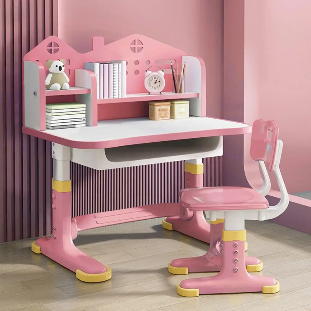 Kids Functional Desk Chair Set, Height Adjustable Children School Study Desk With Castle Backboard