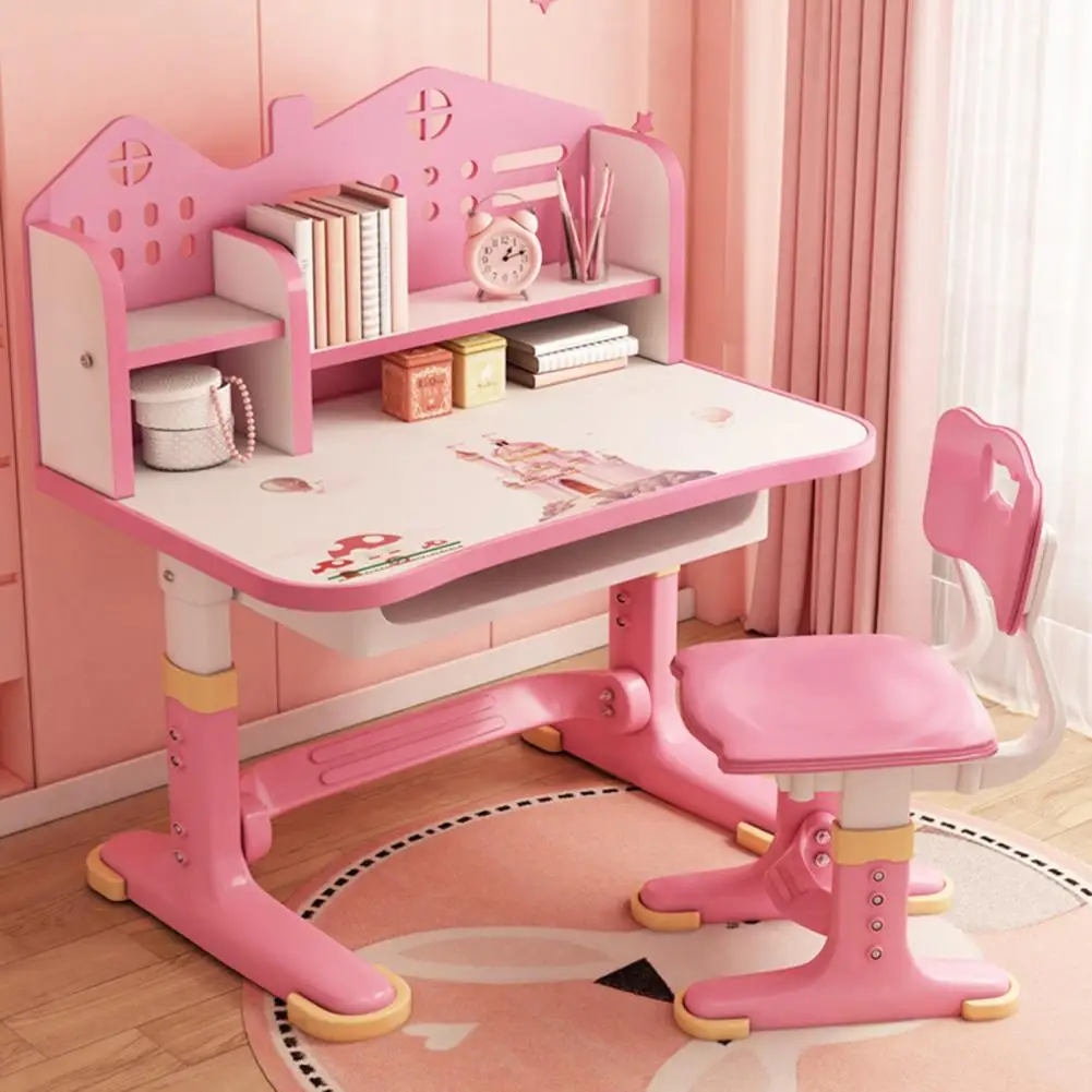 Kids Functional Desk Chair Set, Height Adjustable Children School Study Desk With Castle Backboard