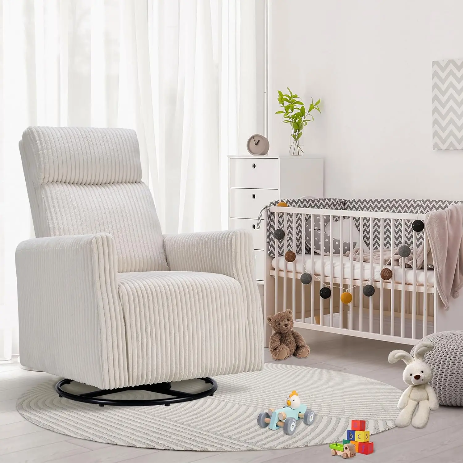 High-Back Swivel Rocker Nursery Chair with Arms Corduroy Glider Living Room Bedroom Beige, Customized